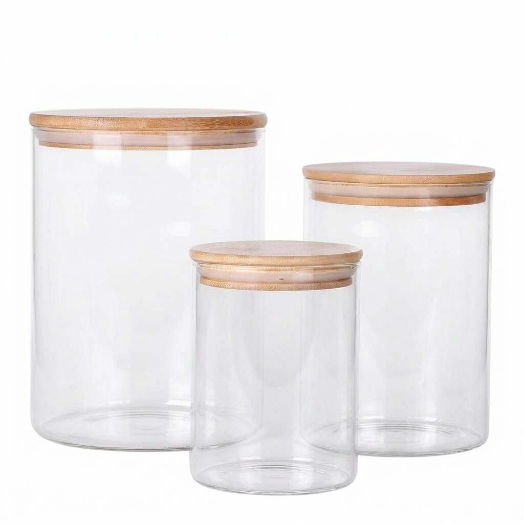 Etokfoks  3 Piece Glass Food Storage Jar Set with Airtight Bamboo Lids Borosilicate Canisters for Pantry Rice Sugar