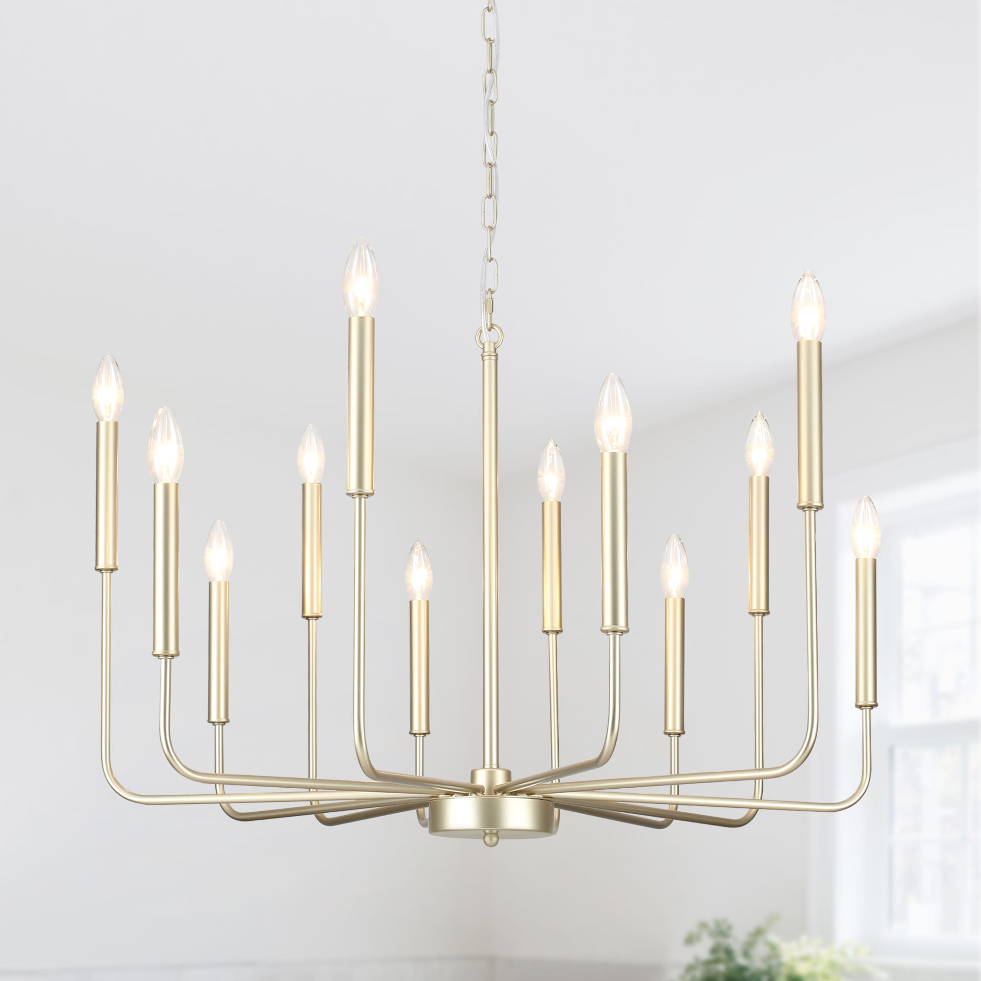 Zjvaive 12-Light 32.29inch Antique Gold Candle Style Chandelier Adjustable 39.37-77.75in Chain Rod E12 Socket Max 40W Farmhouse Ceiling Light Fixture Bulbs Not Included for Living Room Dining Room #LS1-2-D0170L-12-ICG