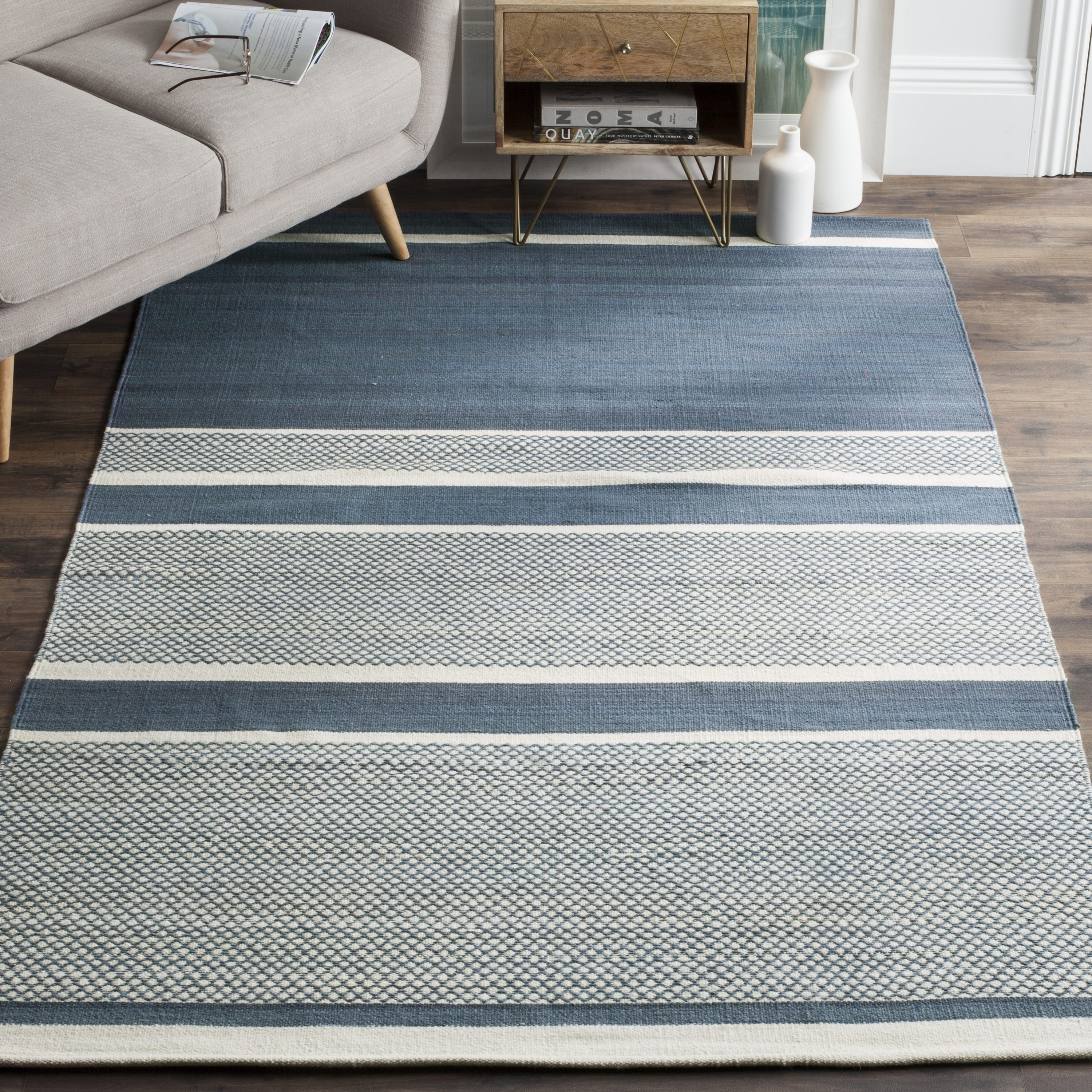 Blue and Ivory Striped Wool Cotton Kids' Washable Rug
