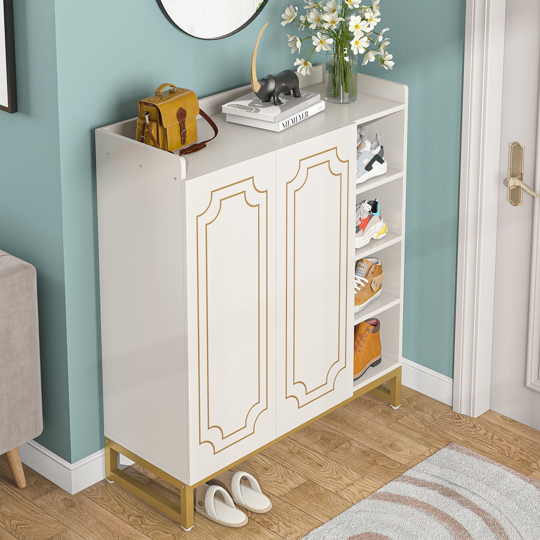 Modern White with Gold Accent Shoe Rack for Entryway