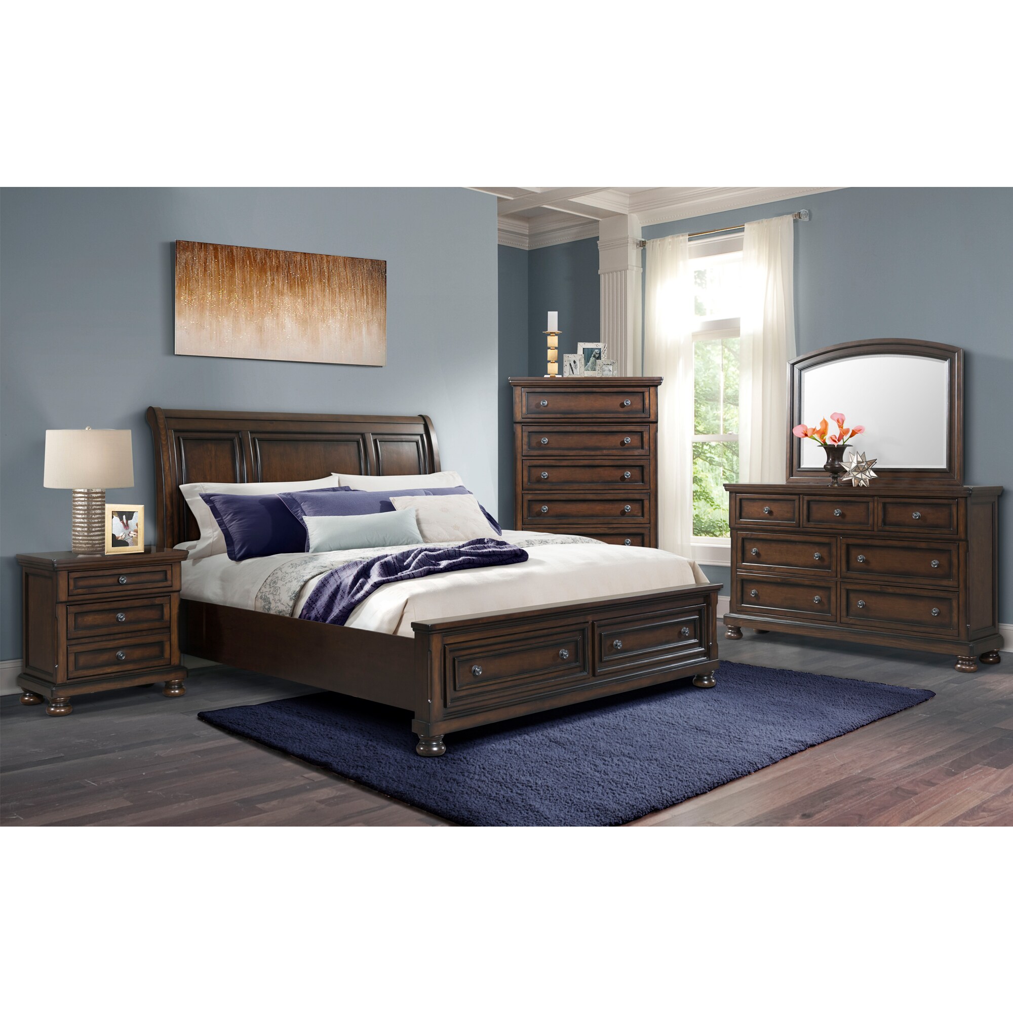 King Cherry Walnut Wood Storage Bed with Headboard and Drawers