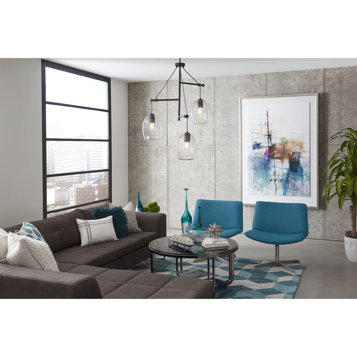 Progress Lighting Caisson 3-Light Graphite Bohemian/Global Clear Glass Globe Large Hanging Pendant Light