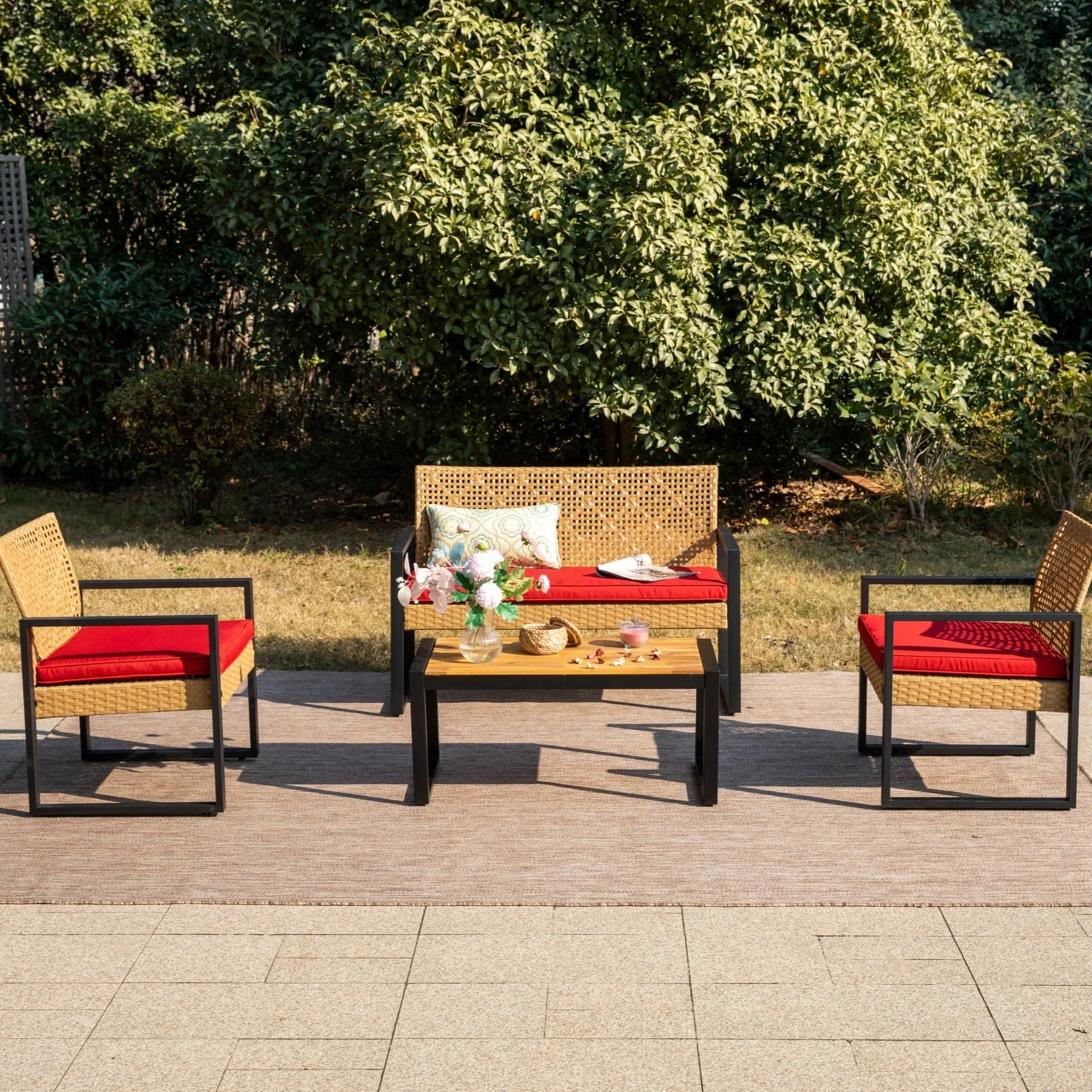 Sunshine Valley PV-462-YRD Patio Conversation Sets 4 -Piece Wicker Patio Conversation Set with Red Cushions