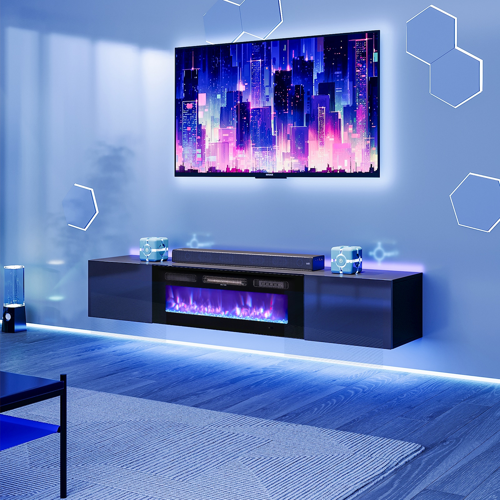 Bapipro TE03A302B 70-in W Black TV Stand with Infrared quartz Flat wall Electric Fireplace with Remote Control Included