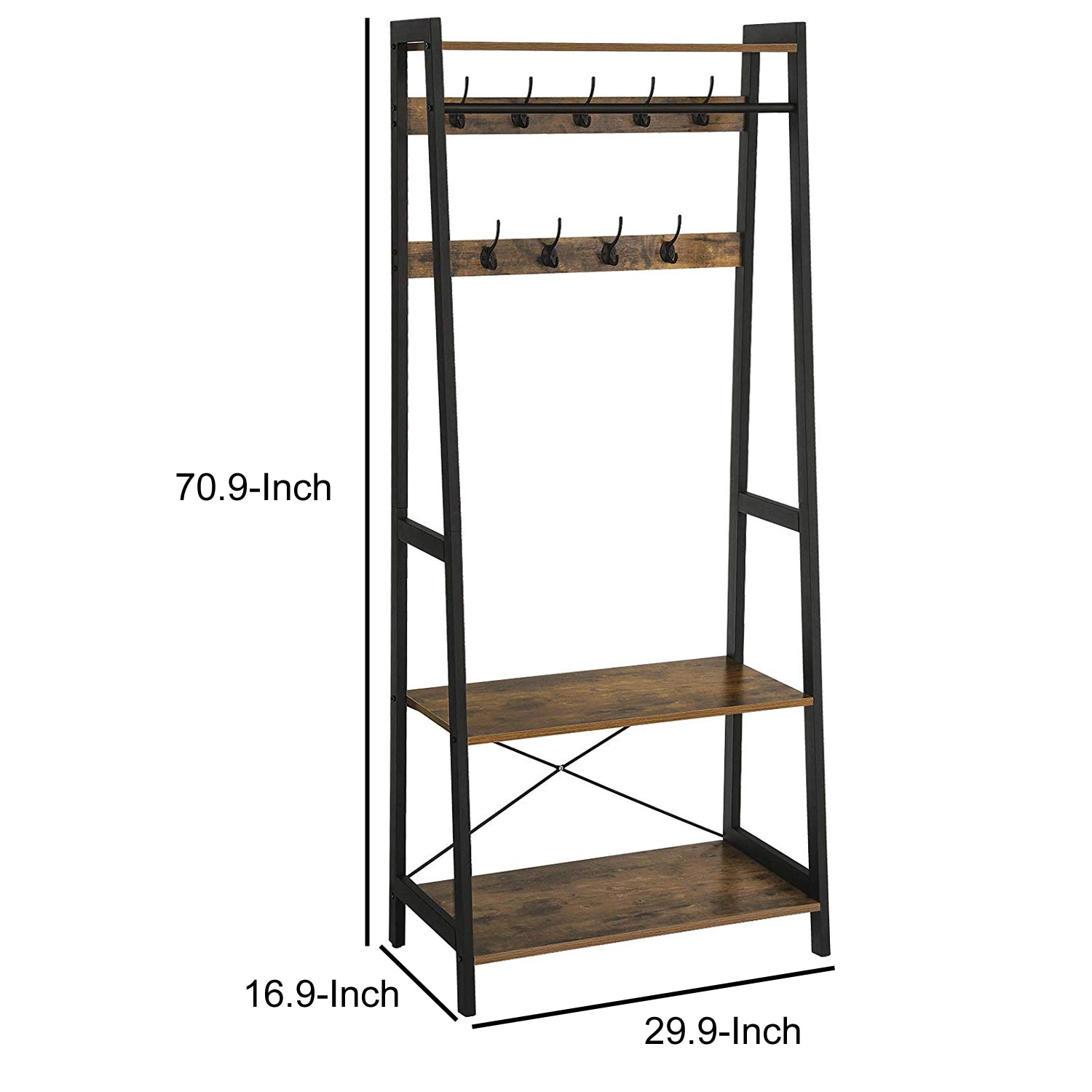 Benzara Contemporary Brown Coat Rack with 9 Hooks, 2 Shelves, and ...