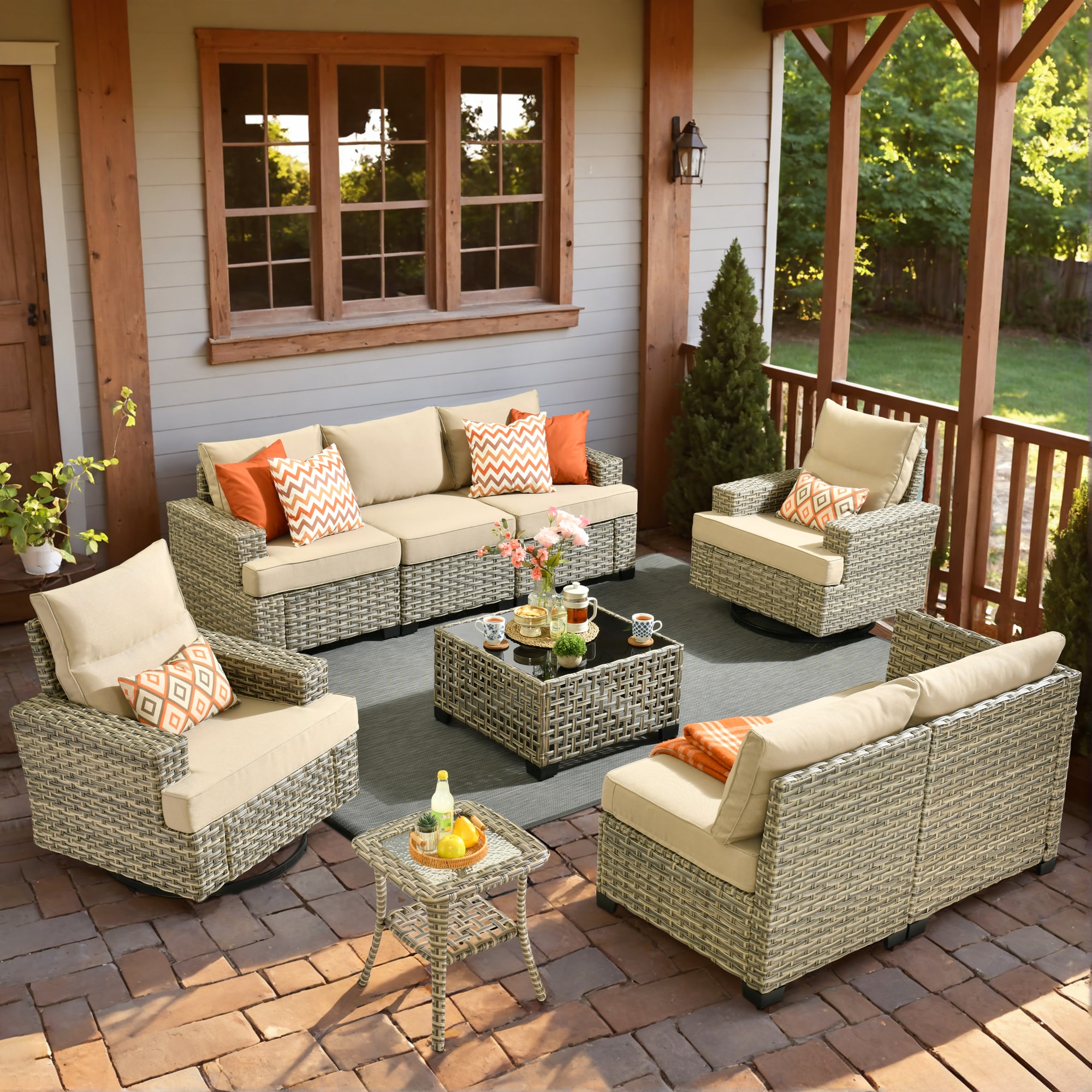 Pouuin STYZBS609 Wicker Outdoor Sectional with Beige Cushions and Steel Frame