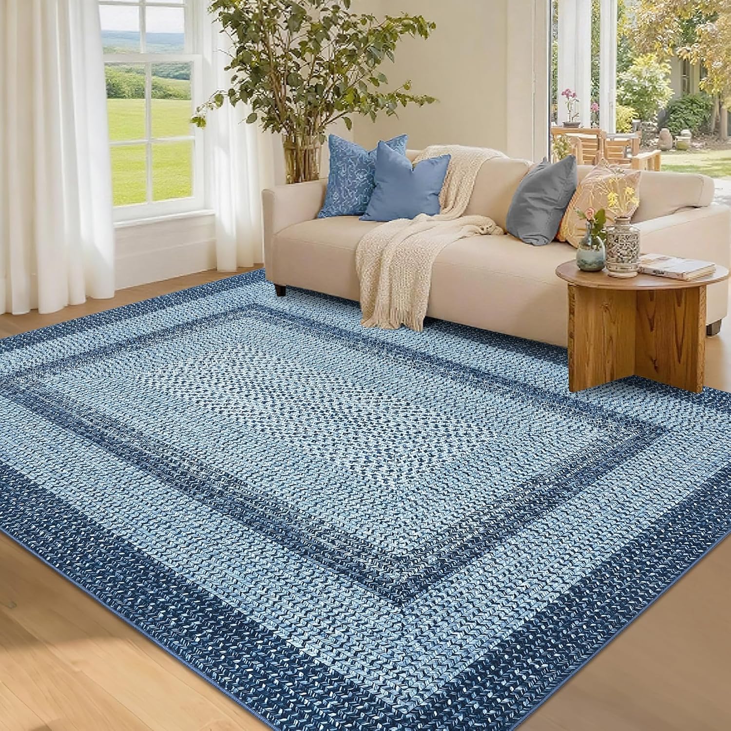 Washable Area Rug 6x9ft Rug for Living Room Modern Area Rug for Bedroom Decor Blue Rug Geometric Area Rugs Bordered Non Slip Throw Rugs Stain Resistant Carpet for Nursery Dining Room 6x9ft Blue