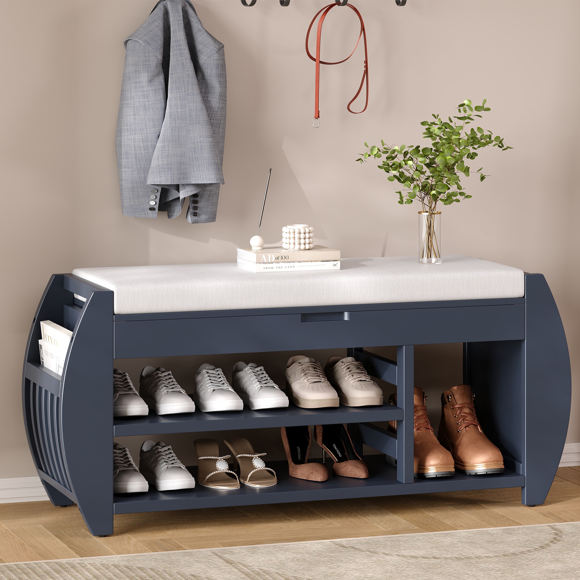 ModernLuxe N715P194061M Shoe Storage Bench Shoe Bench with Cushion and Curved Side Shoe Bench Retro Multifunctional Panel for Entryway and Living room Antique Navy
