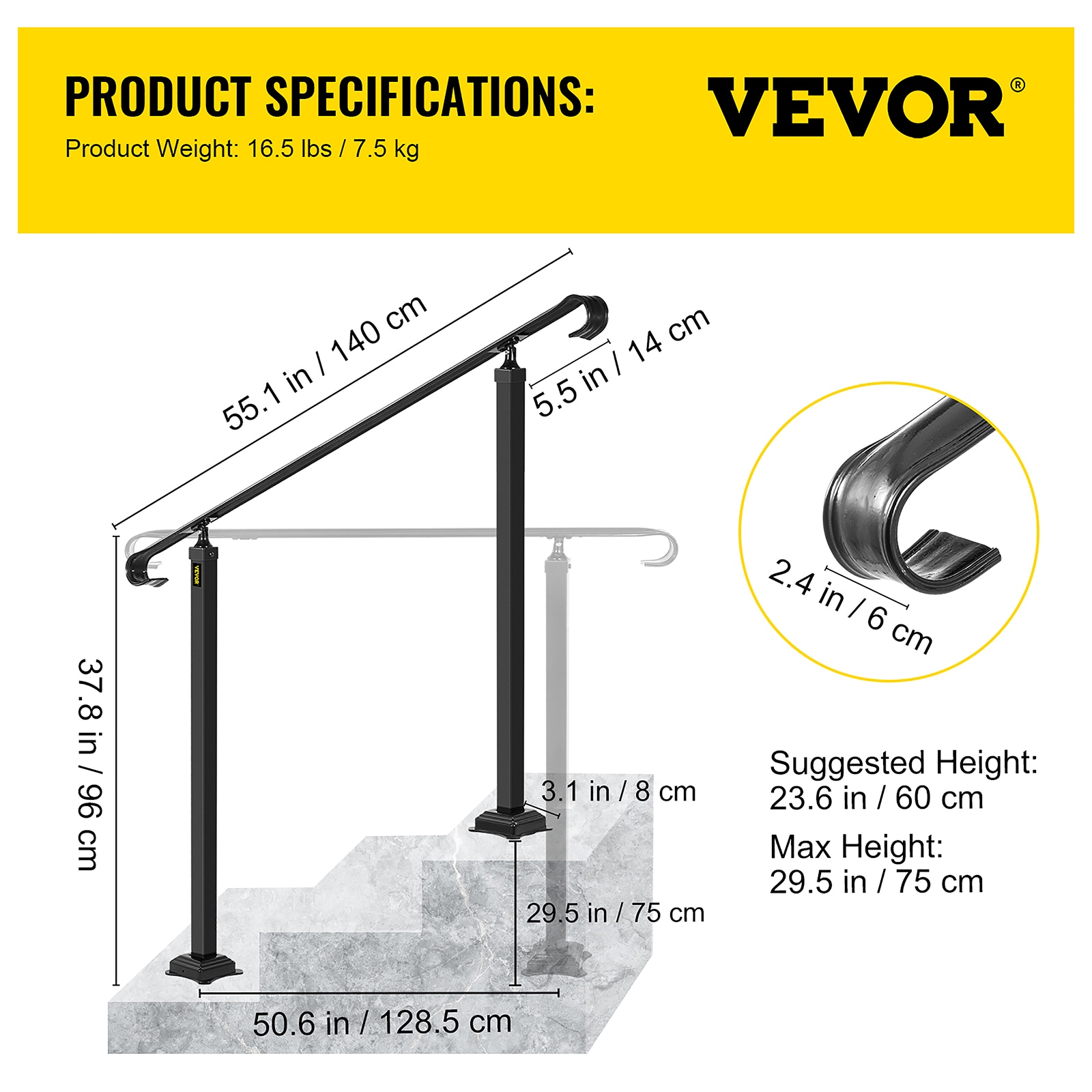 VEVOR 3-5 Steps Wrought Iron Handrail 55.1-in x 37.8-in Wrought Iron  Finished Wrought Iron Handrail in the Handrails & Accessories department at  Lowes.com