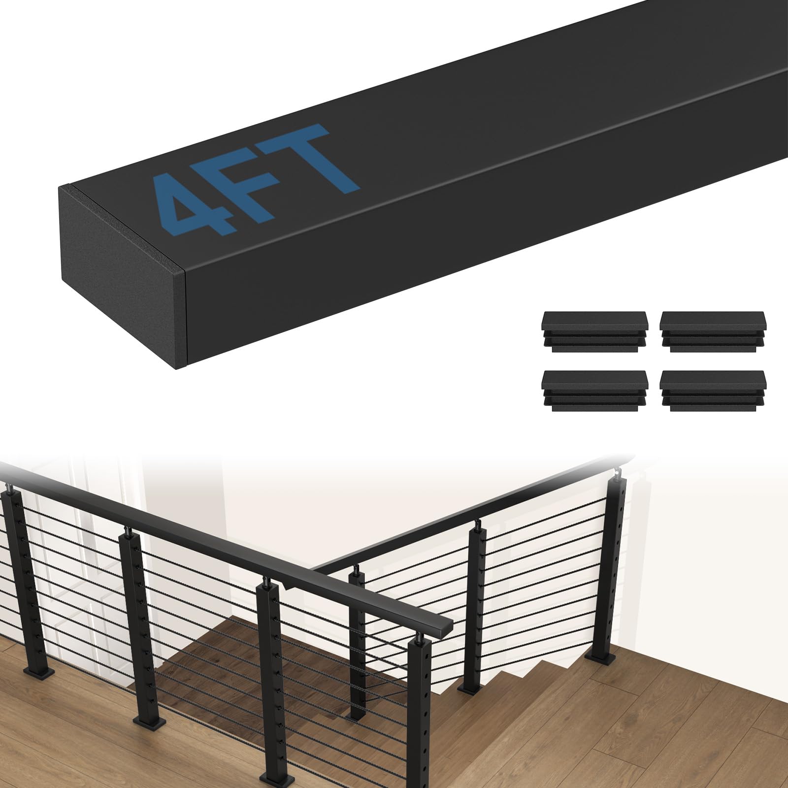 Phewnyzo  4 Foot Stainless Steel Handrail Black Flat Top Rail Cable Railing System for Indoor Outdoor Deck Stair Railing Kits with Nylon End Caps