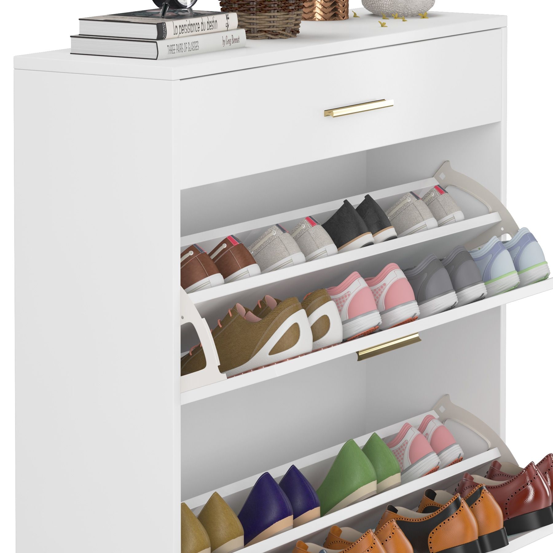 Tribesigns 16 Pair Flip Drawer Shoe Cabinet & Wall Coat Shelf Set, 3  Drawers Wood Shoe Rack, White 