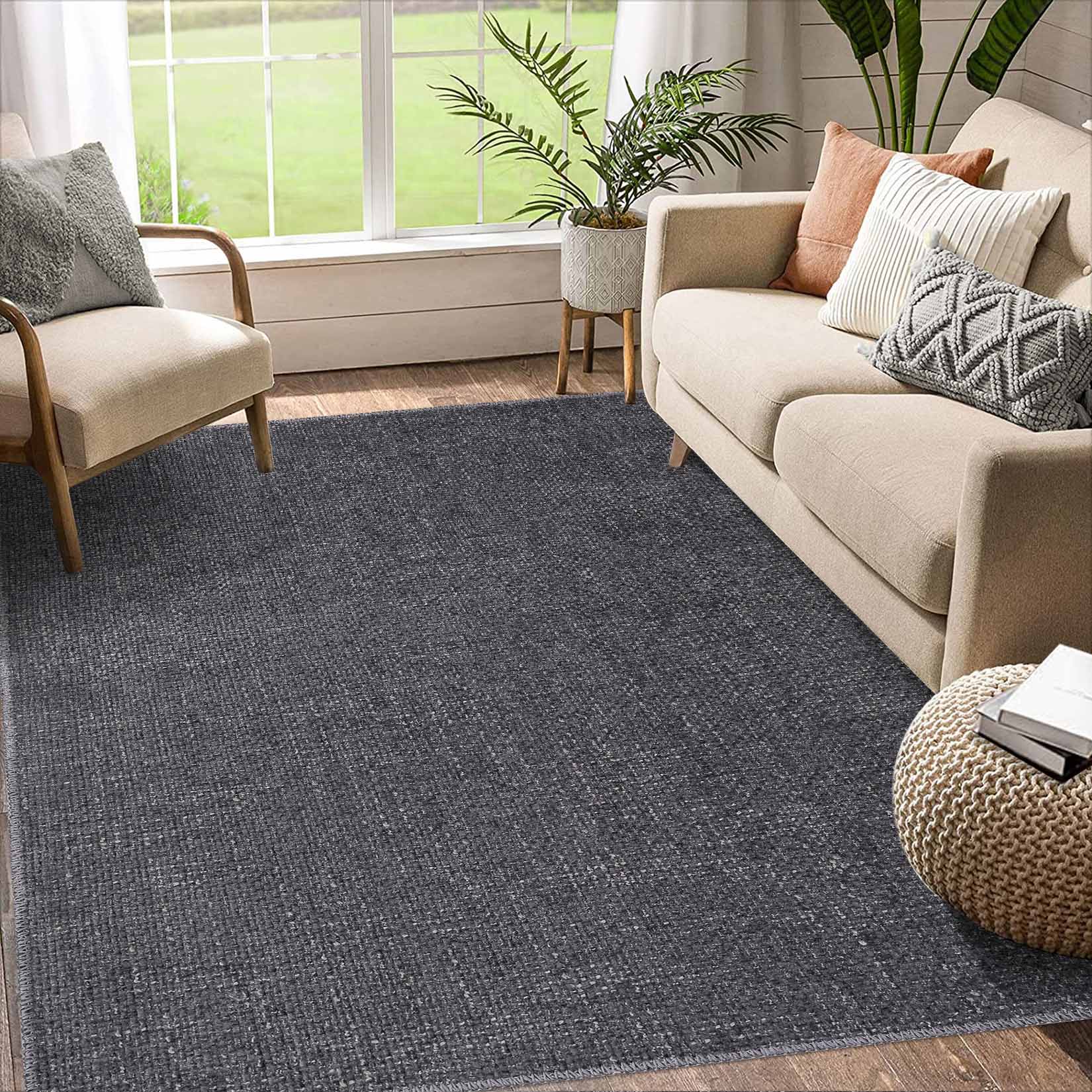 Garvee YXY-LO-PHO-10N54XC2 5 x 7 (ft) Loomed Polyester Dark Gray Rectangular Indoor Solid Mid-Century Modern Machine washable Area rug