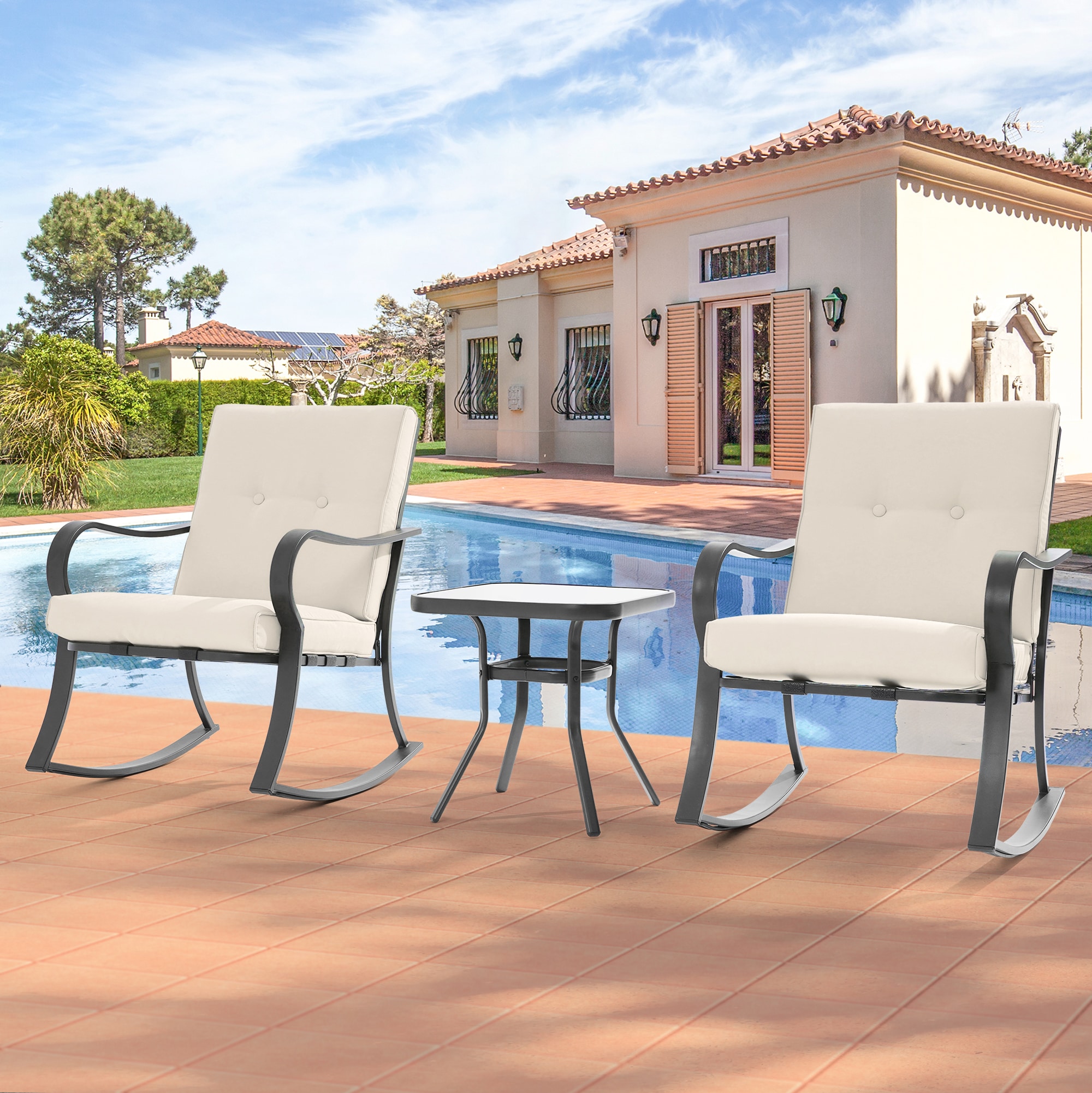 Sonkuki SD-C01W Patio Rocking Chairs 3 -Piece Patio Conversation Set with Off-white Cushions