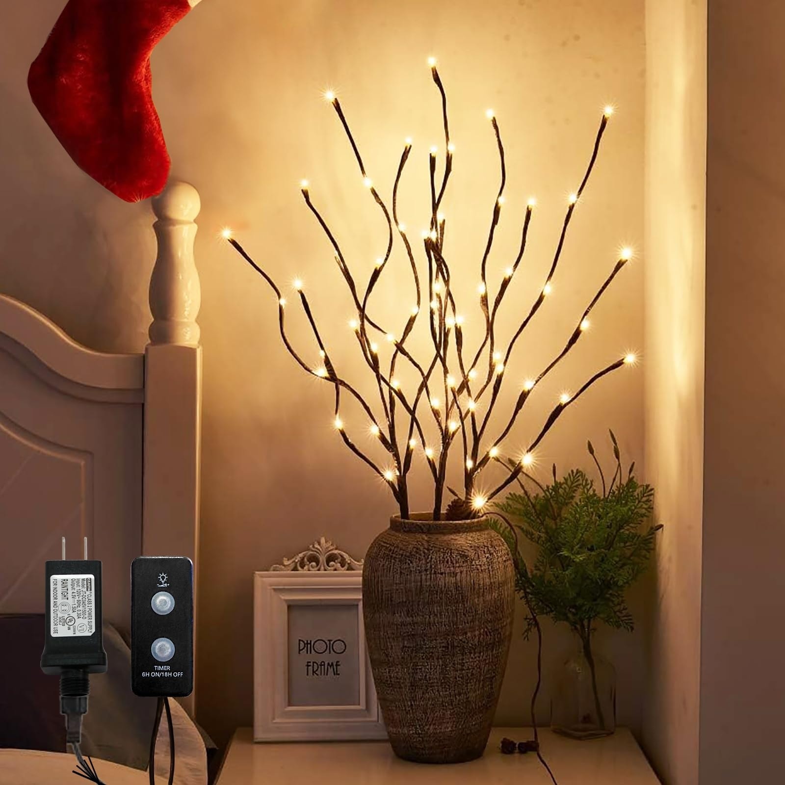 Aoibox  30 in Brown Lighted Willow Branches Pathway Stake Lights with Timer Indoor Outdoor 60 Light 3 Pack