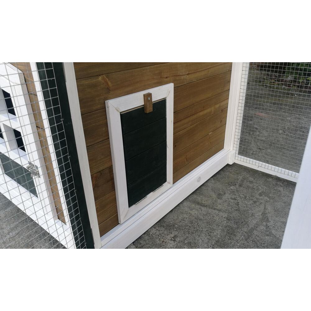 Brown and White Wooden Chicken Coop with Wire Mesh Run