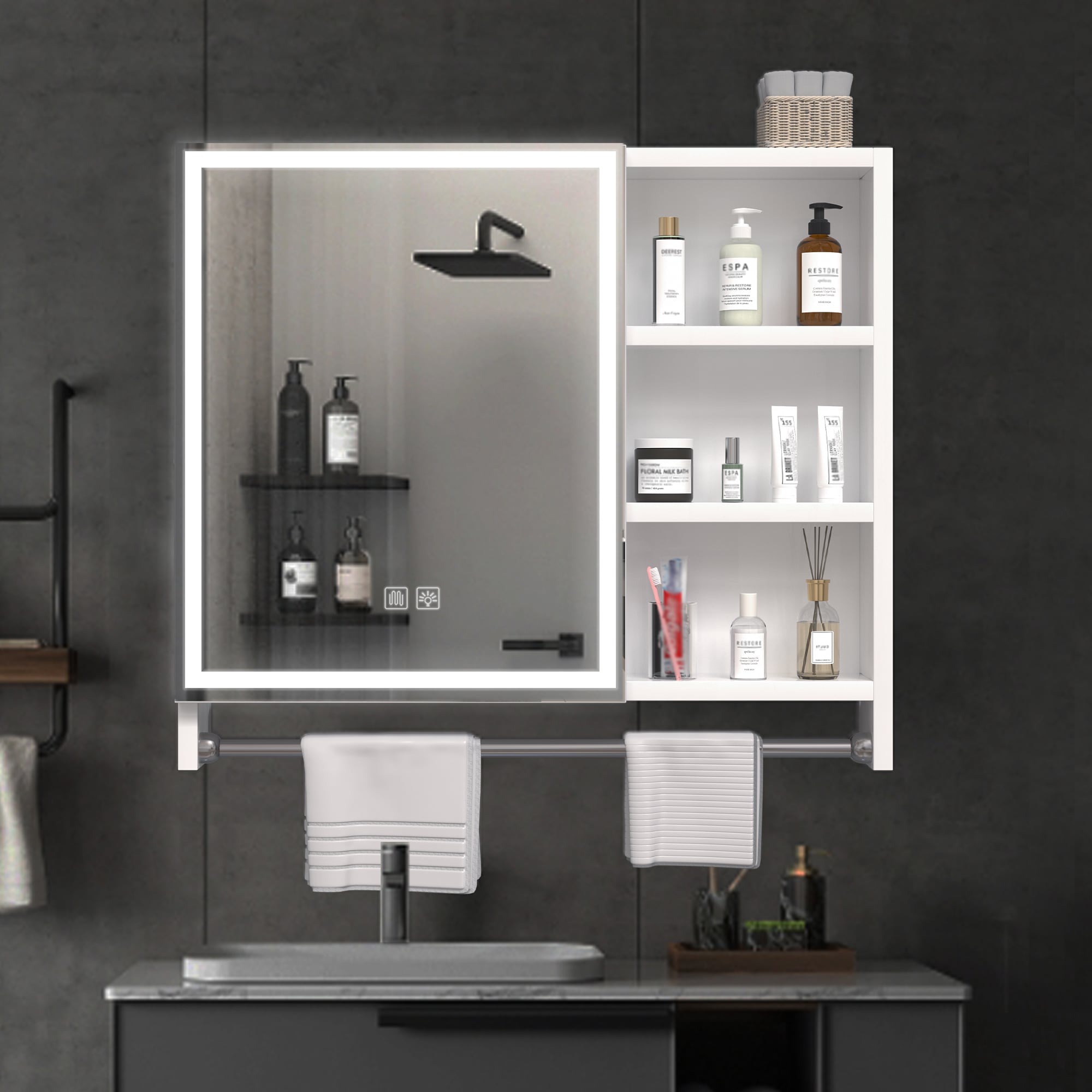 WELLFOR 31.5-in x 27.56-in Lighted LED Fog Free Surface Mount White Mirrored Soft Close Medicine Cabinet