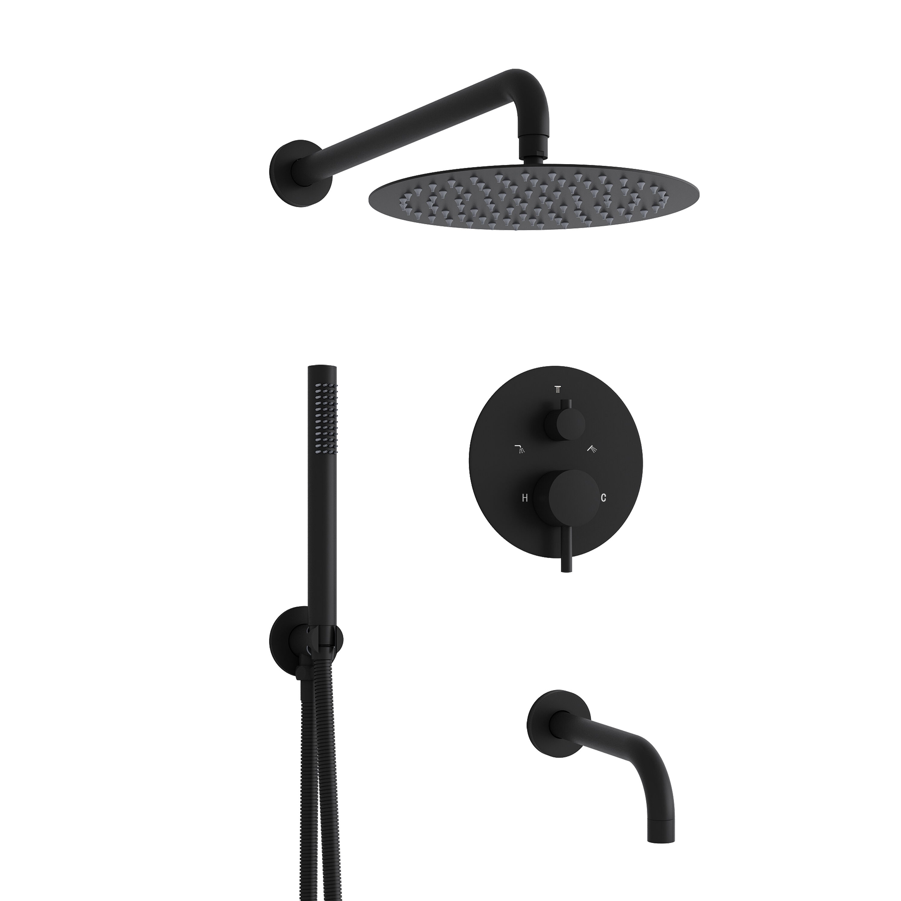 WELLFOR QJ-C-117933NG ZQ Matte Black 10-in Waterfall Built-In Shower Faucet System with 3-way Diverter ( Pressure-balanced Valve Included )