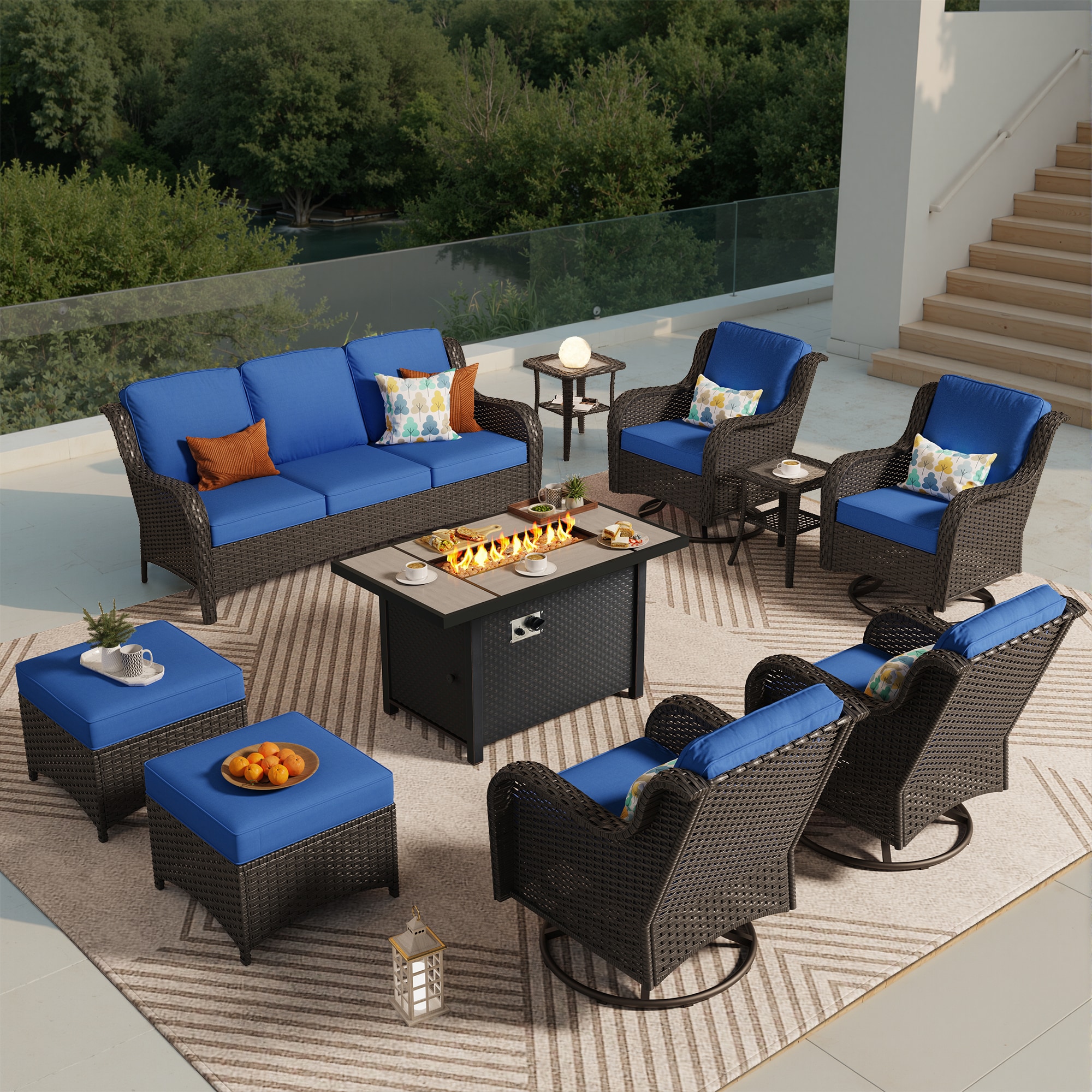 Pouuin SCFPYZNTC7-9 10 -Piece Wicker Patio Sofa Conversation Set with Navy Cushions