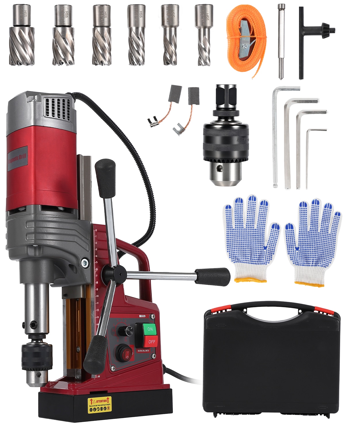 GarveeLife 1.57 Inch 1550W Magnetic Drill Press with 820 RPM 2922 LBF 13000 N Force 10 Adjustable Speed Double Dovetail Twist Drill Adapter and 6 Coring Bits for Steel Metal and Iron #LY260806B03