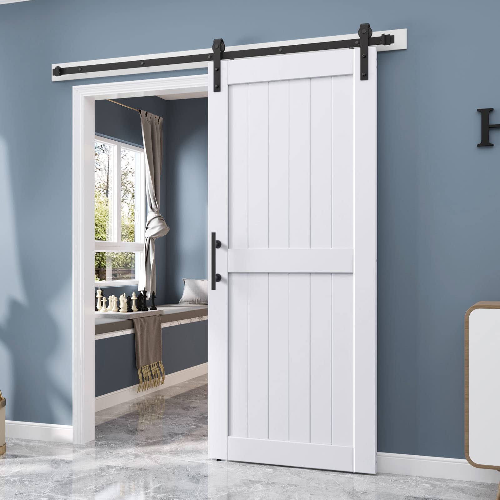 Phewnyzo  36 by 84 inch White Barn Door with 6.6FT Sliding Door Hardware Kit and Handle Solid Wood with Waterproof PVC Surface DIY Assembly Easy