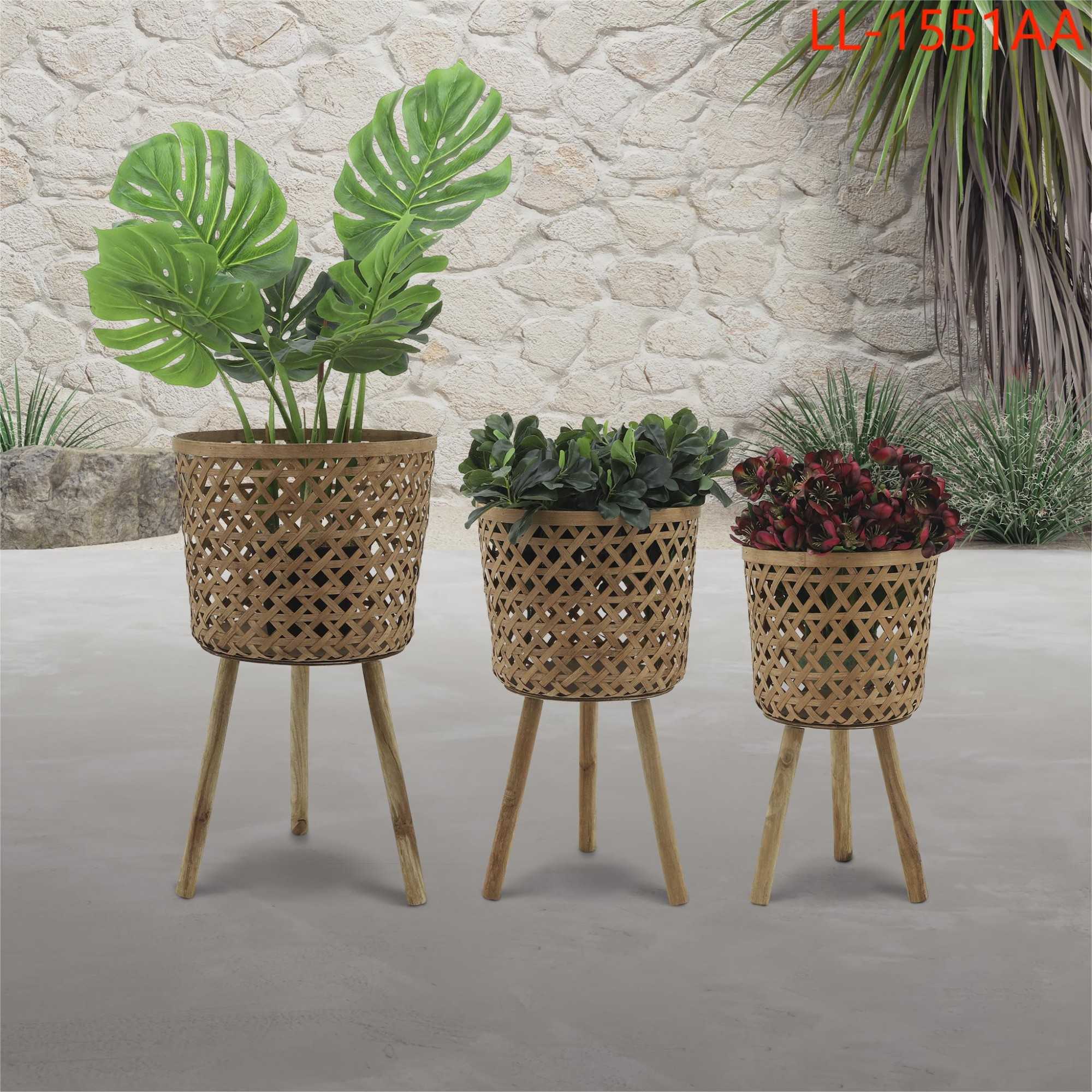 Yiekholo LL-1551AA 3 -Pack Round 15.0-in W x 26-in H x 15-in D Brown Bamboo Indoor/Outdoor with Self Watering Planter