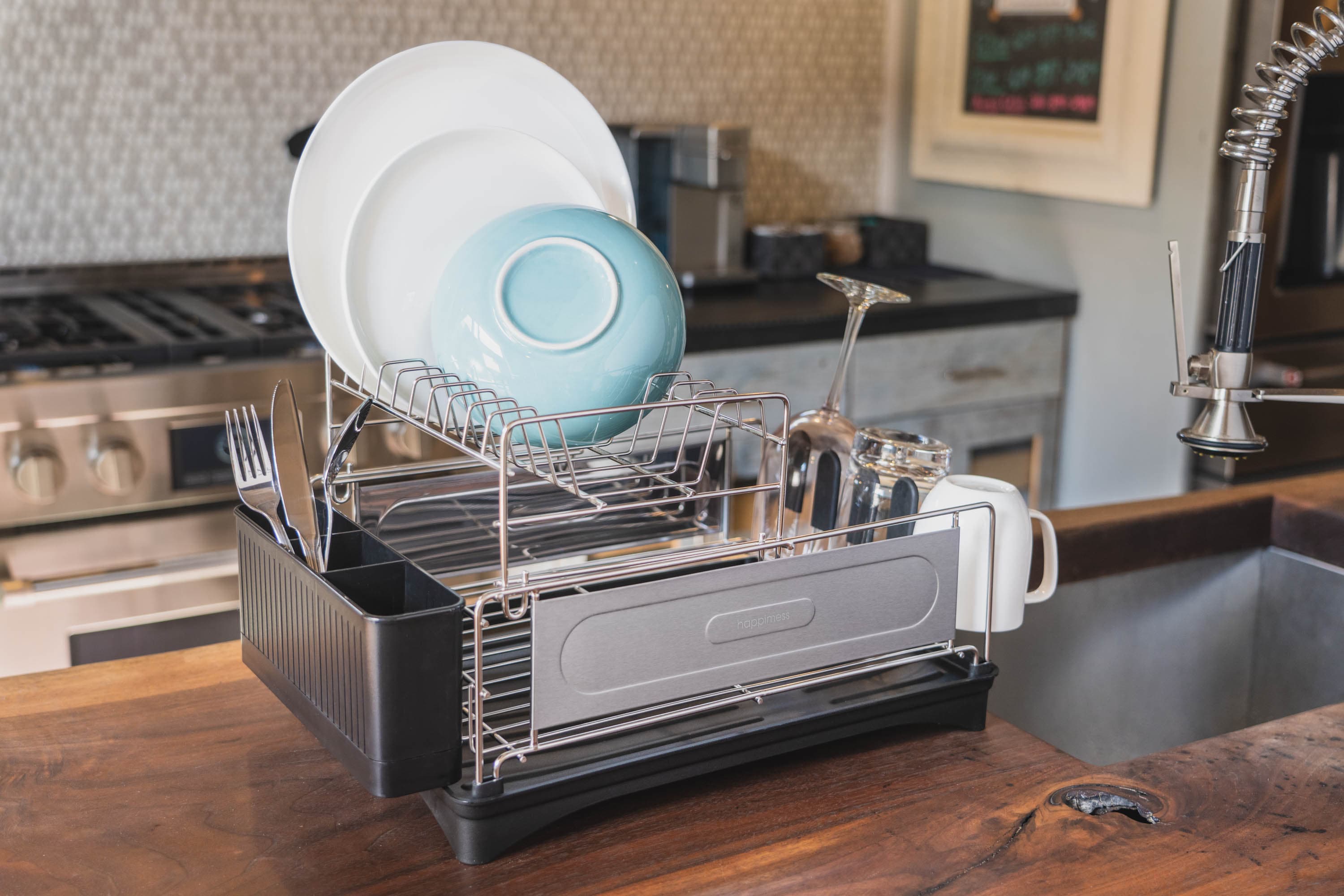 Compact Stainless Steel 2-Tier Dish Rack with Utensil Cup