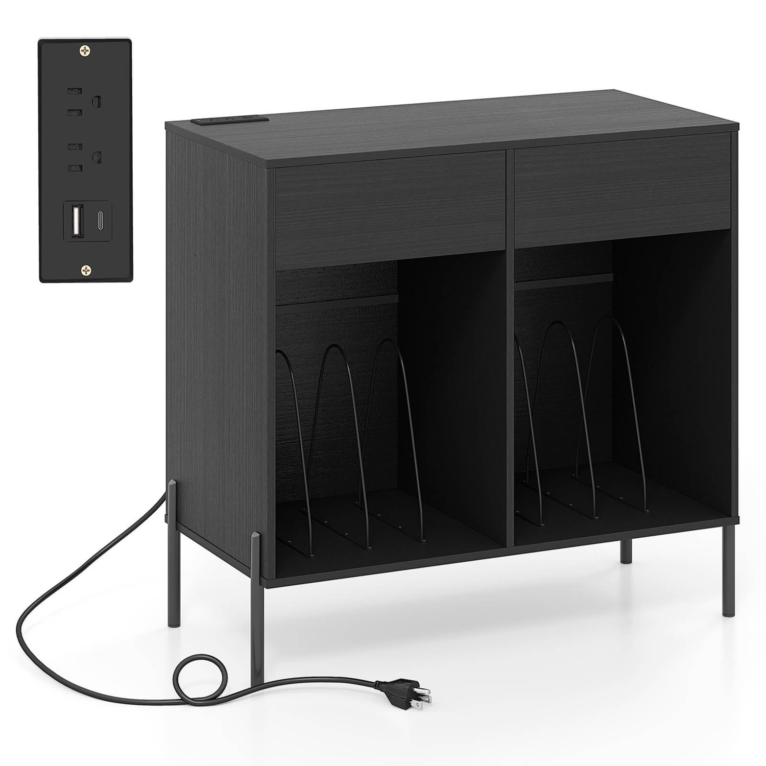 Costway -  Large Record Player Stand with Charging Station Storage Compartments and 2 Drawers Black