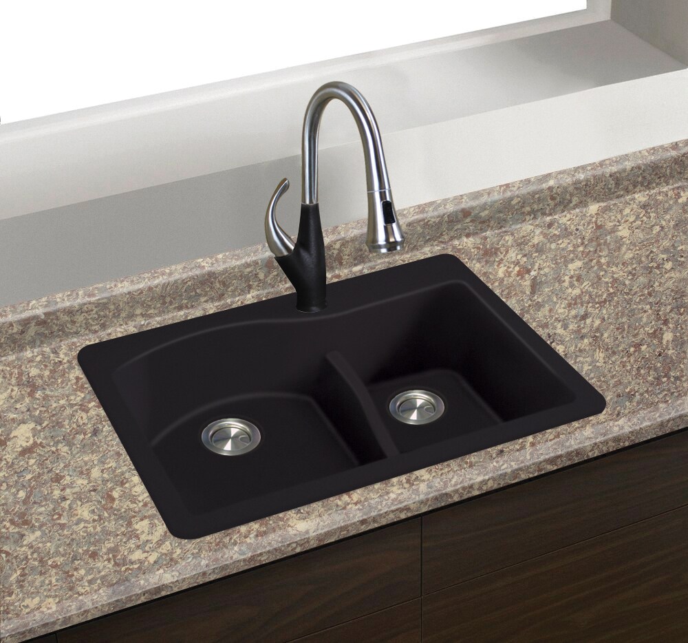 Transolid Aversa Drop-In 33-in x 22-in Black Granite Double Offset Bowl ...