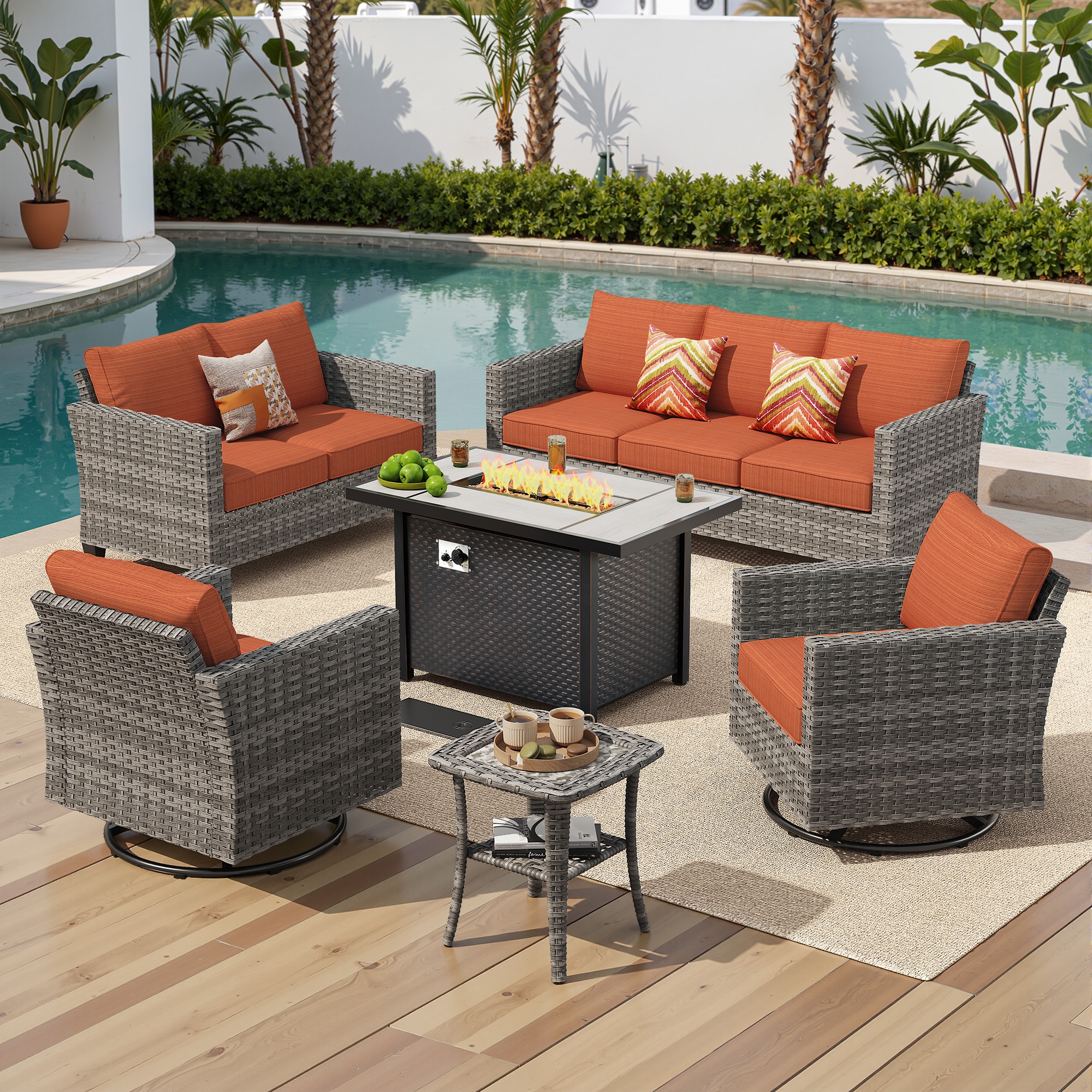 Pouuin SCFPYZG805 6 -Piece Wicker Patio Sofa Conversation Set with Orange Cushions