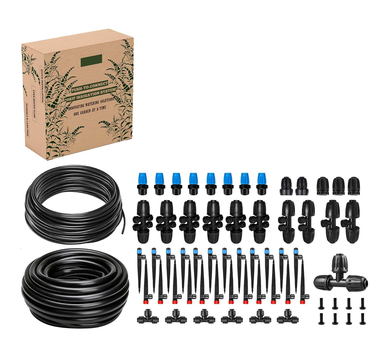 Misopily  Drip Irrigation Kit Push to Connect Garden Watering System 50 ft 1/2 in and 115 ft 1/4 in Tubing 32 Adjustable Emitters 1 Kit