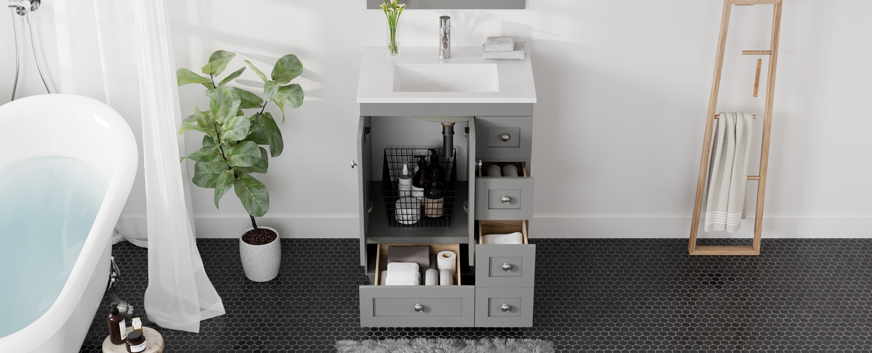 Gray Solid Wood Bathroom Vanity with White Quartz Top, 24-inch