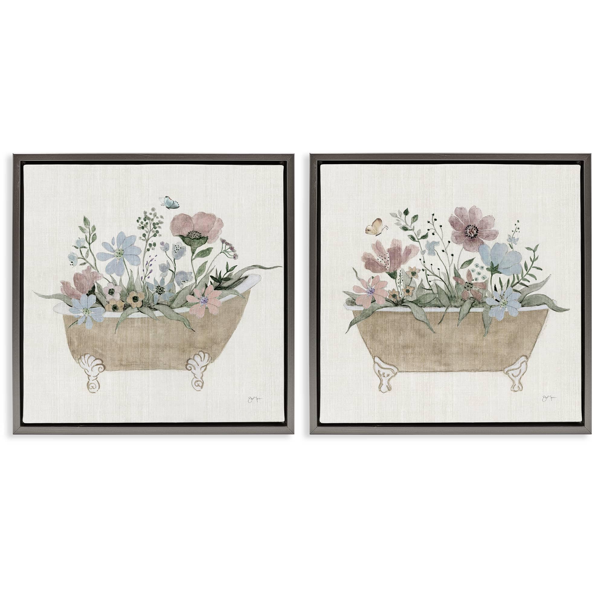 Stupell Industries B2-726-FFL-2PC-17X17 Rustic Florals in Bathtubs 2 Piece Gray Framed Floater Canvas Set By Tava Studios 18 x 18
