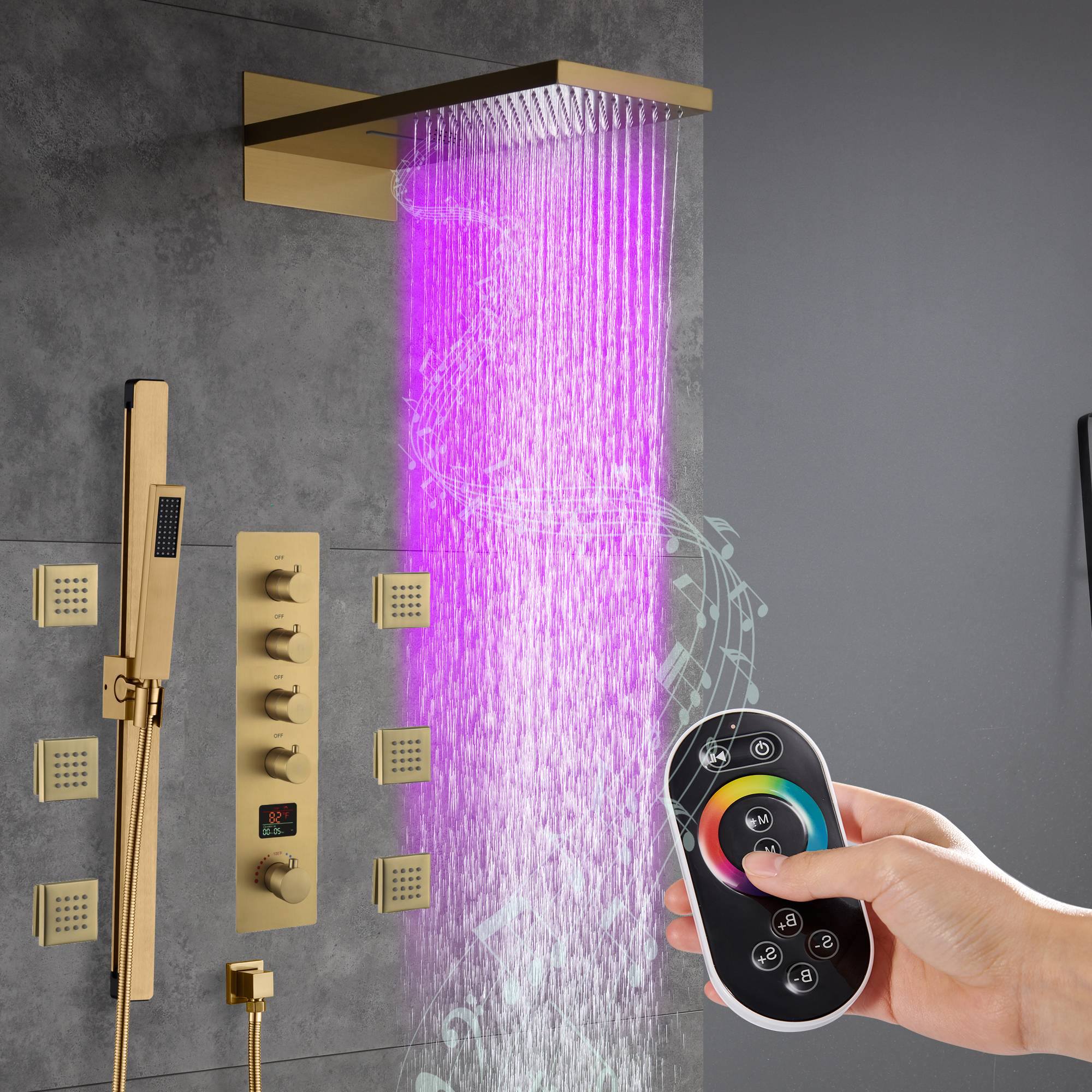 Wonderland America  Brushed Gold 22 Inch Bluetooth Music LED Shower System with 4-Way Thermostatic Faucet and Multiple Functions in Q4 Valve Style
