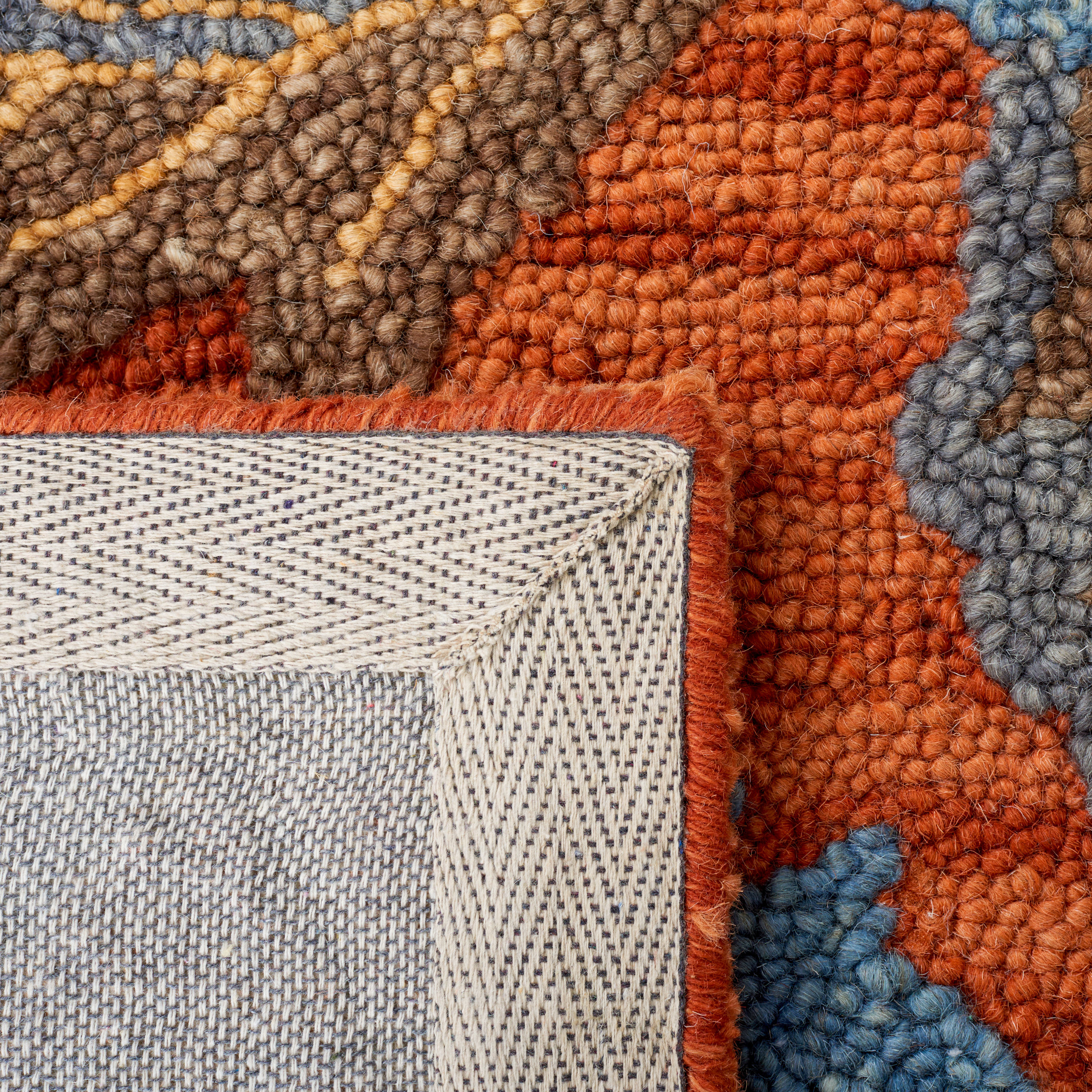 Rust and Blue Floral Wool Handmade Area Rug