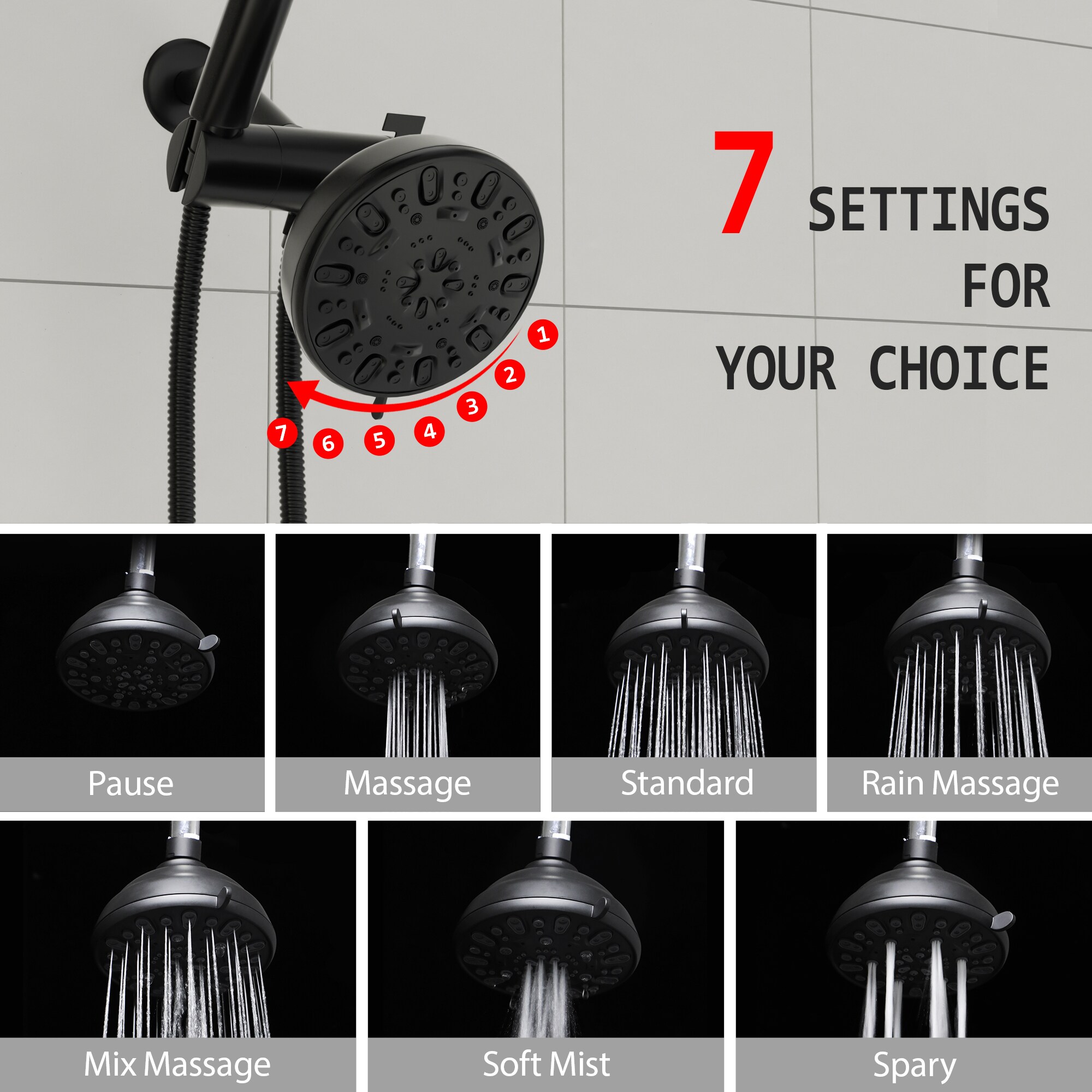 KICHAE 7-Spray Matte Black 4.7-in Round Dual/Combo Shower Head 1.8-GPM ...