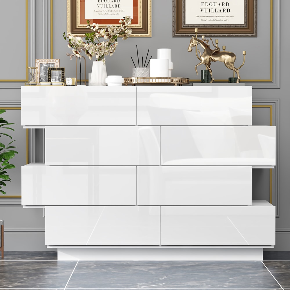 Homsee Modern White High Gloss 8 Drawer Double Dresser 50.6 Inch Wood Storage Cabinet with Raised Base for Bedroom or Living Room