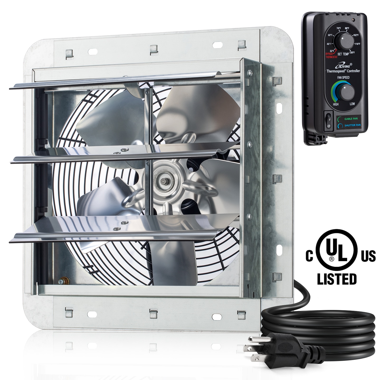 iLIVING ILG8SF10V-ST Shutter Exhaust Fan with Thermospeed controller 10-in Hardwired Indoor Silver Wall Mounted Fan