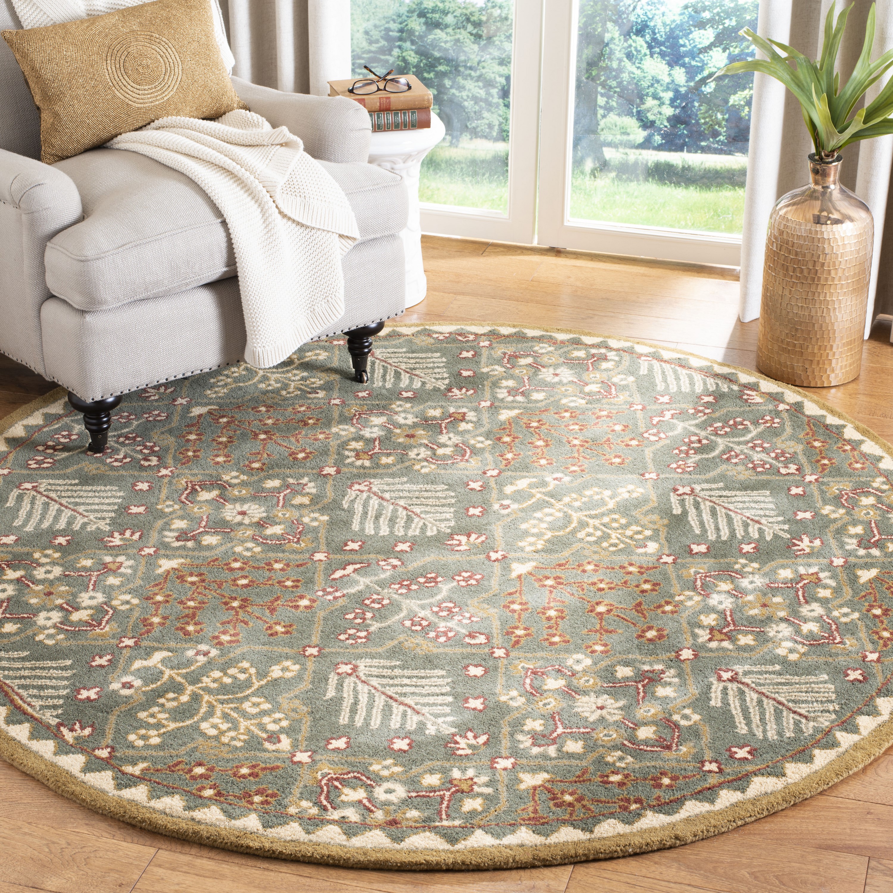 Antiquity Light Blue and Gold Round Wool Area Rug