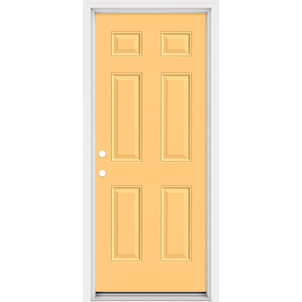 Masonite 321080 Steel Doors Series 32-in x 80-in x Steel No glass Right-hand inswing Cabana Yellow Painted Prehung Front Door with Brickmould Insulating core