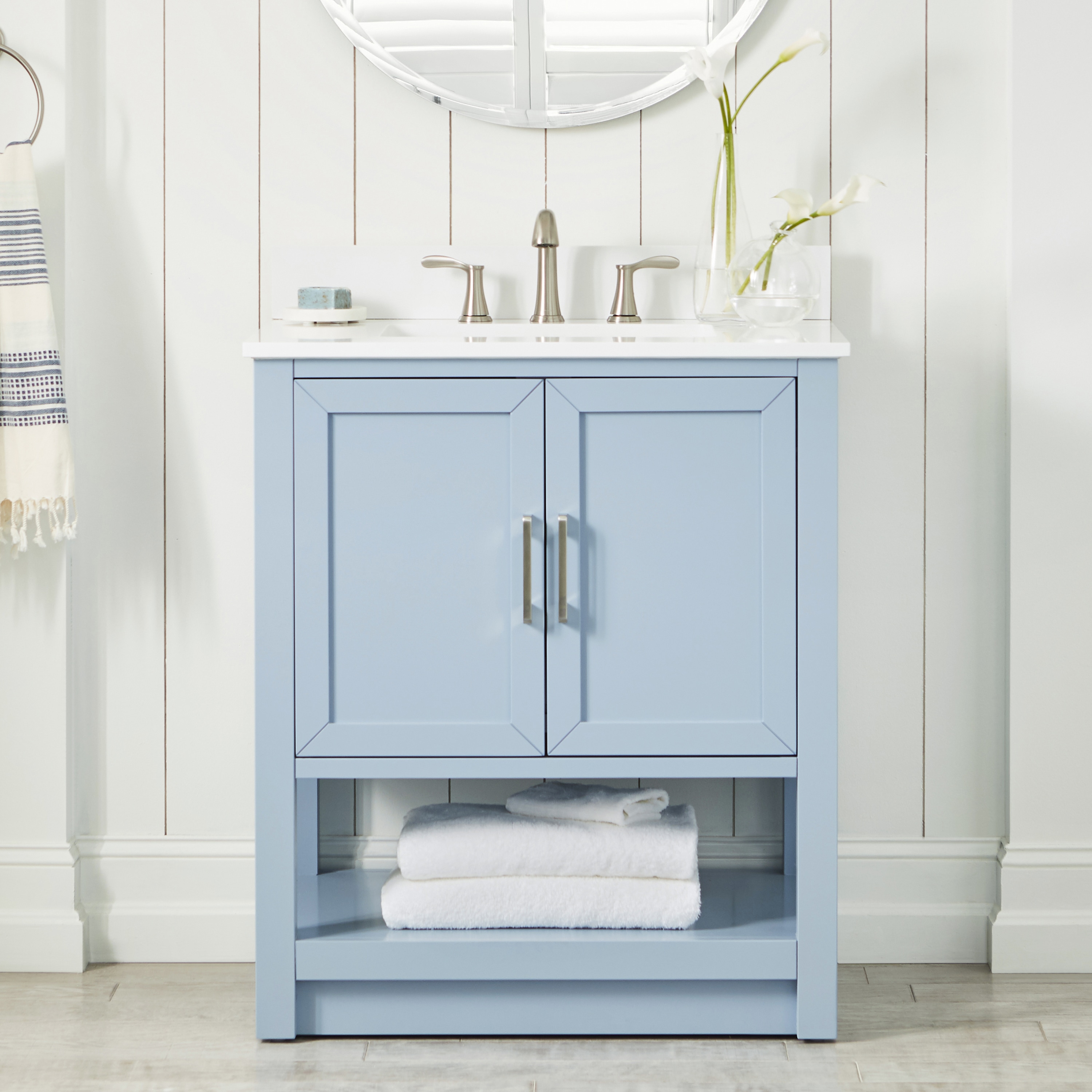 allen + roth L22090-VS30-LB Margie 30-in Light Cornflower Blue Undermount Single Sink Bathroom Vanity with White Engineered Stone Top