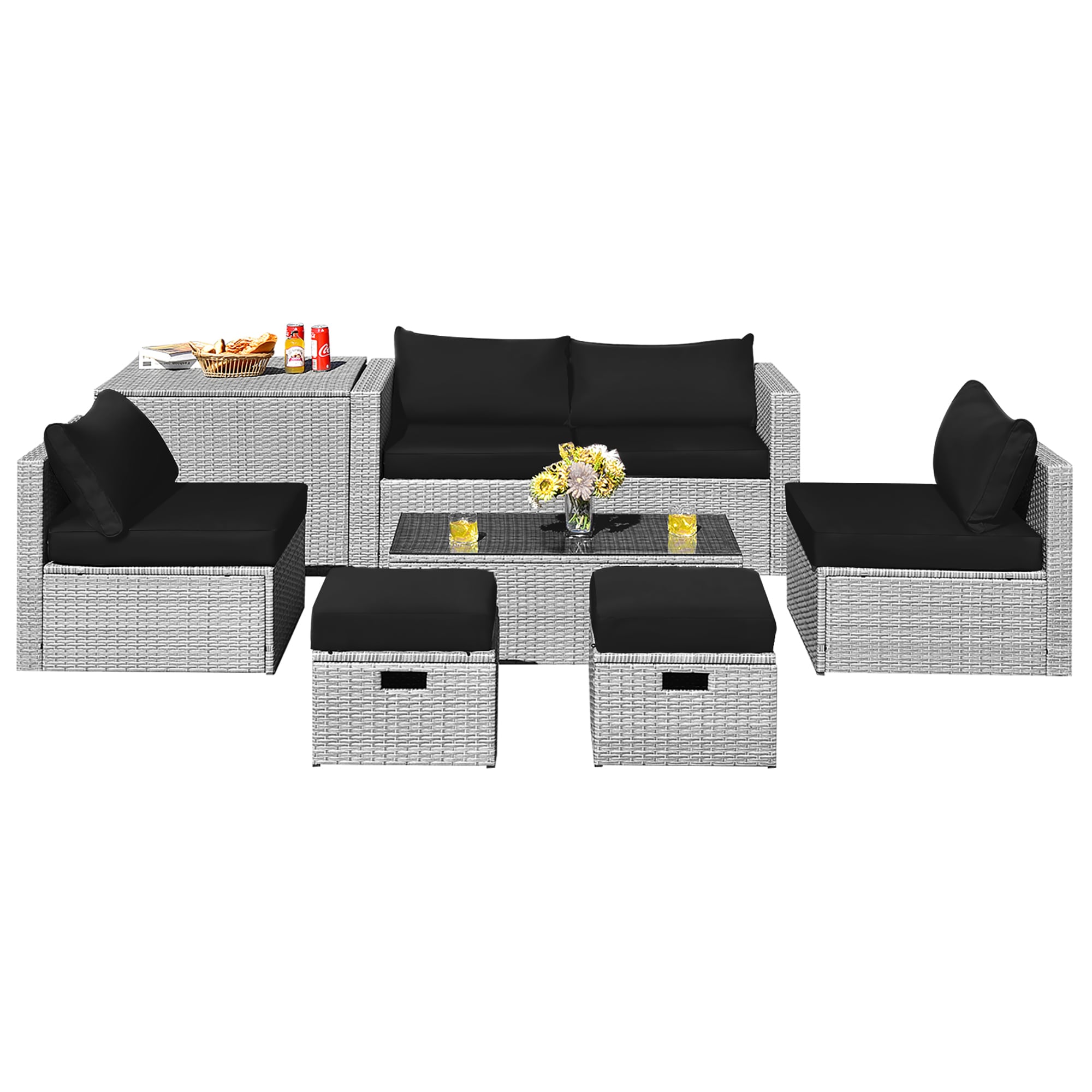 Costway HW68604DK+ 8 -Piece Rattan 2 Patio Sofa Conversation Set with Black Cushions