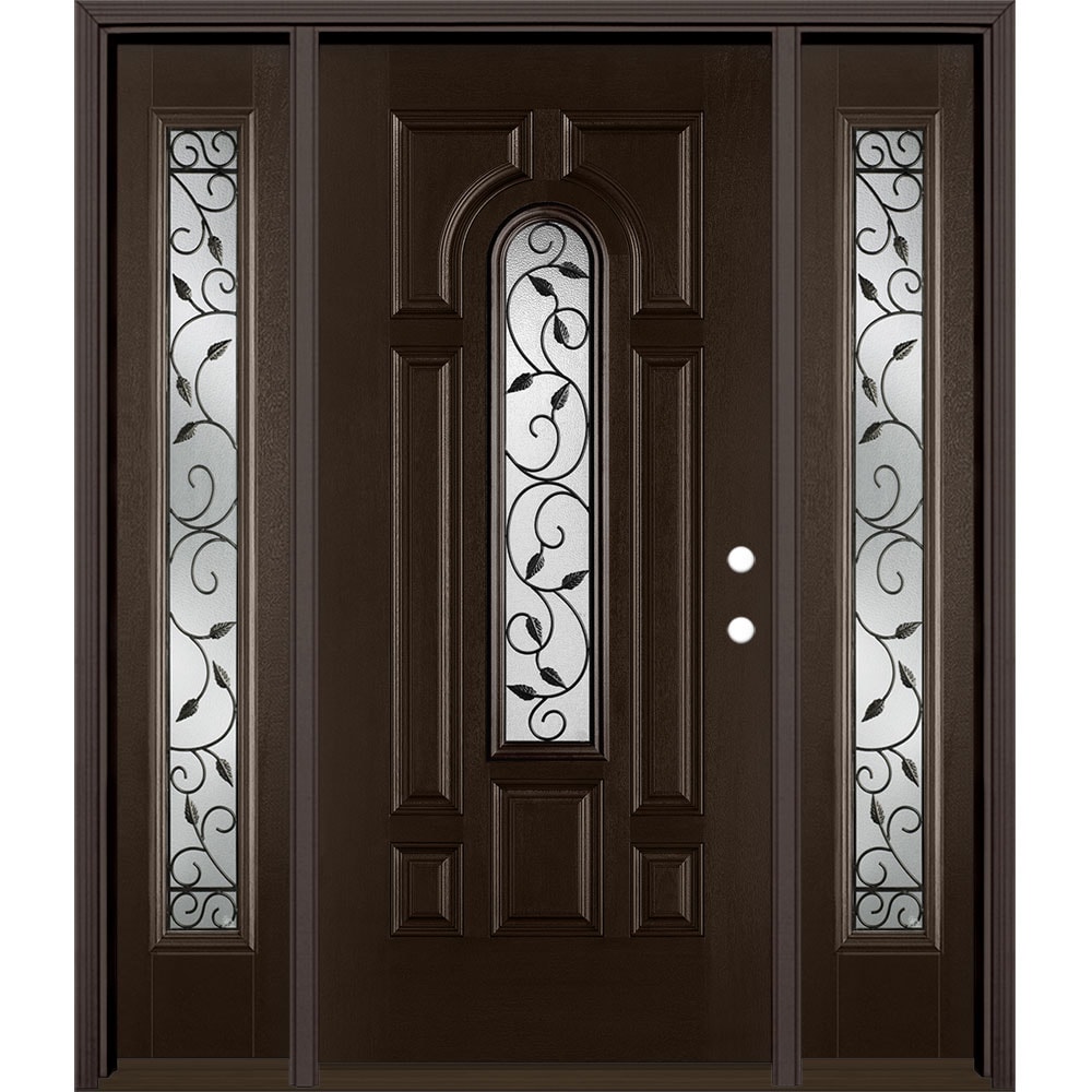 Masonite 3422431 Pergola 64-in x 80-in x 4-9/16-in Fiberglass Center arch lite Left-hand inswing Walnut Stained Prehung Front Door with Sidelights with Brickmould Insulating core