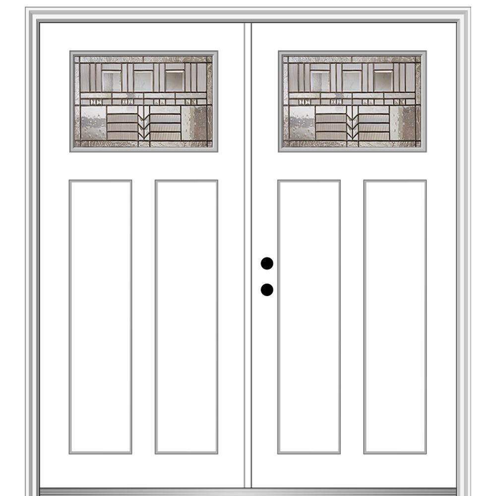 MMI DOOR ZZ3664951R 64-in x 80-in x 4-9/16-in Fiberglass Craftsman Right-hand inswing Brilliant White Painted Prehung Double Front Door with Brickmould Insulating core