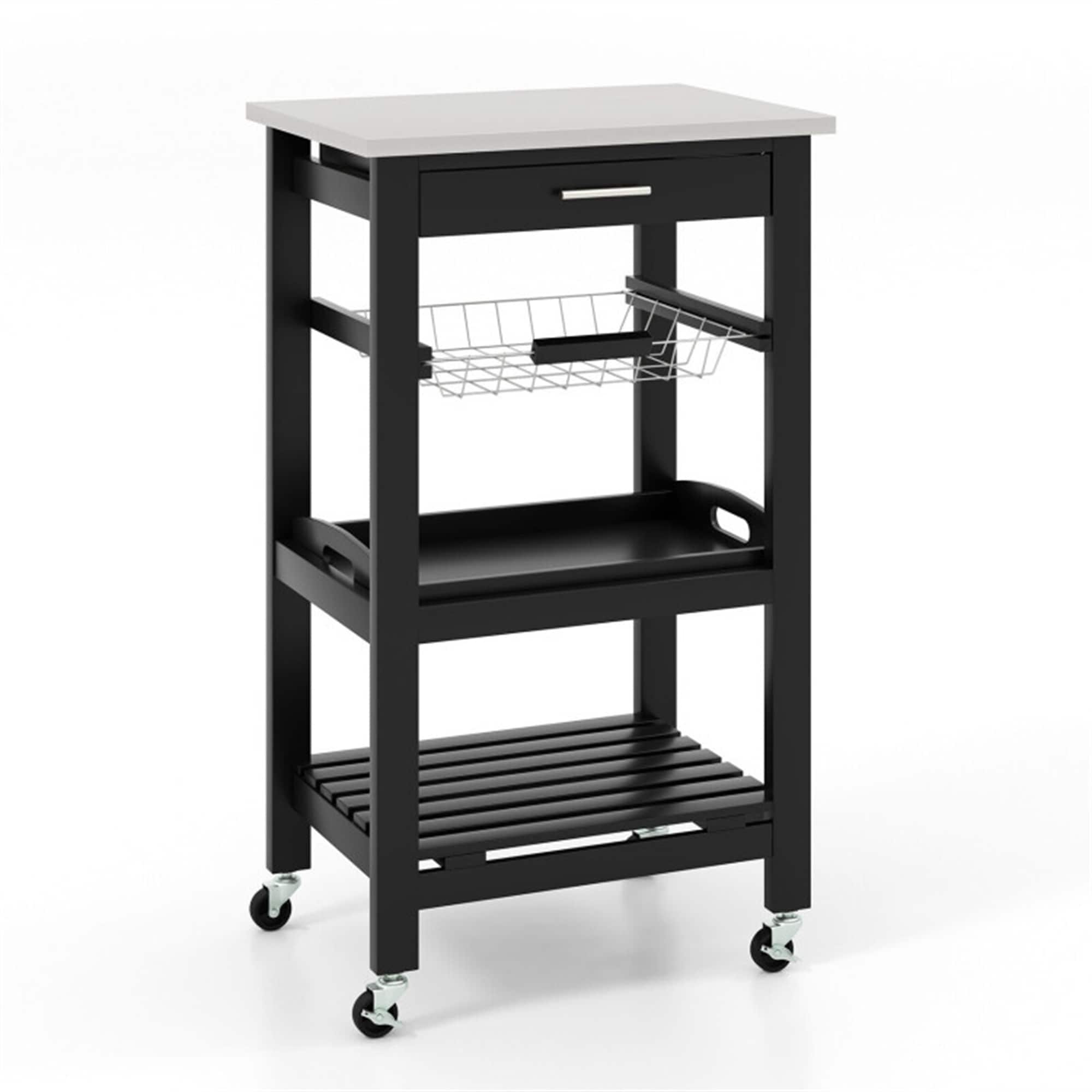 BABOOM BOM-KC451WH-CO Black MDF Base with Stainless steel Metal Top Rolling Kitchen Cart ( 15.5-in x 18.5-in x 33.5-in )