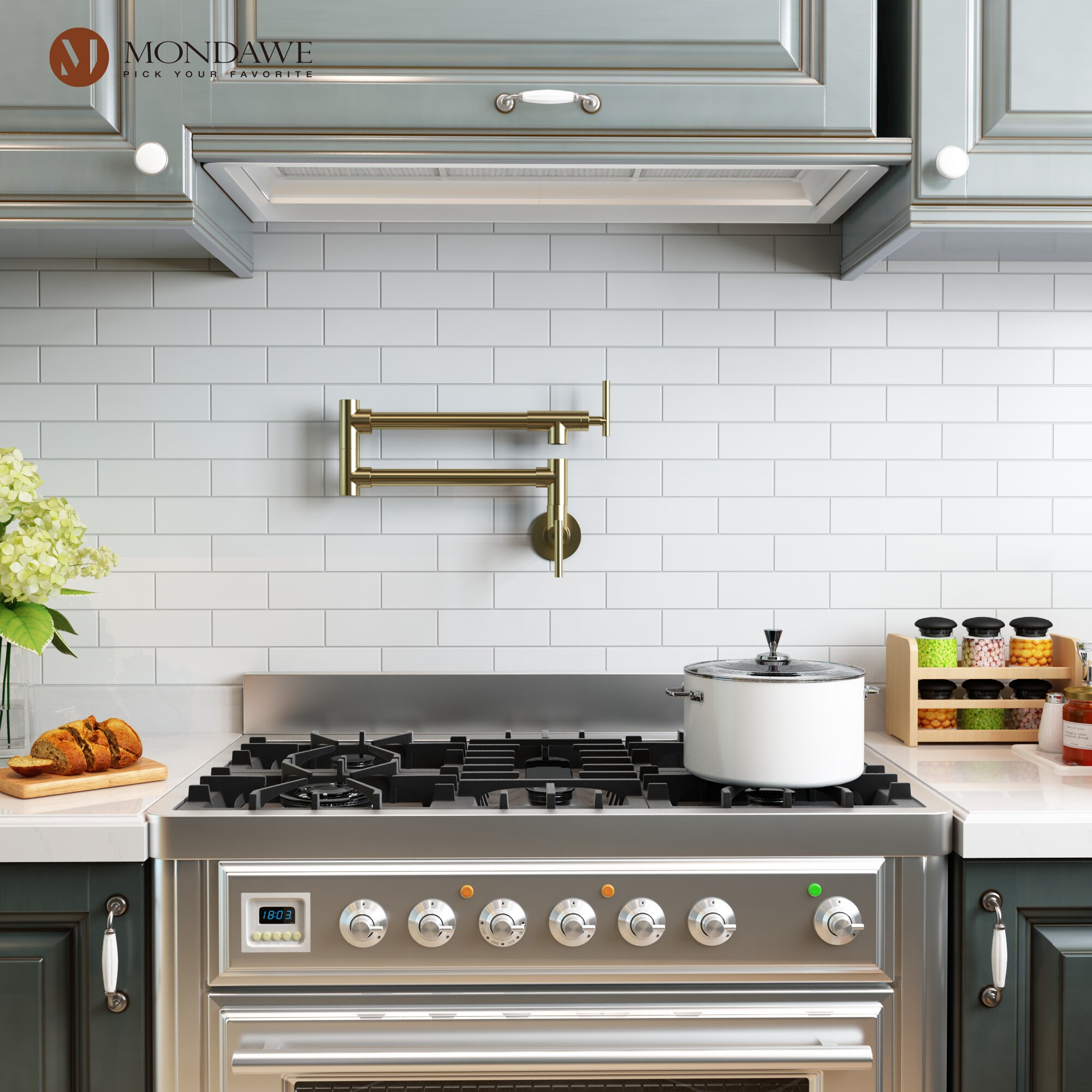 Mondawe Brushed Gold Double Handle Wall-mount Pot Filler Kitchen Faucet