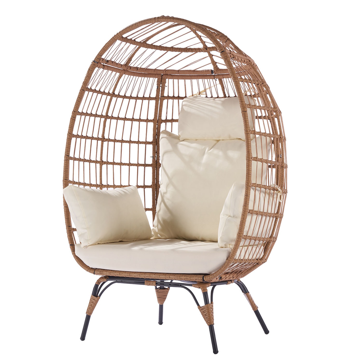 Bybafun YB6700039 Wicker Brown Rattan Frame Stationary Egg chair Chair with Off-white Cushioned Seat