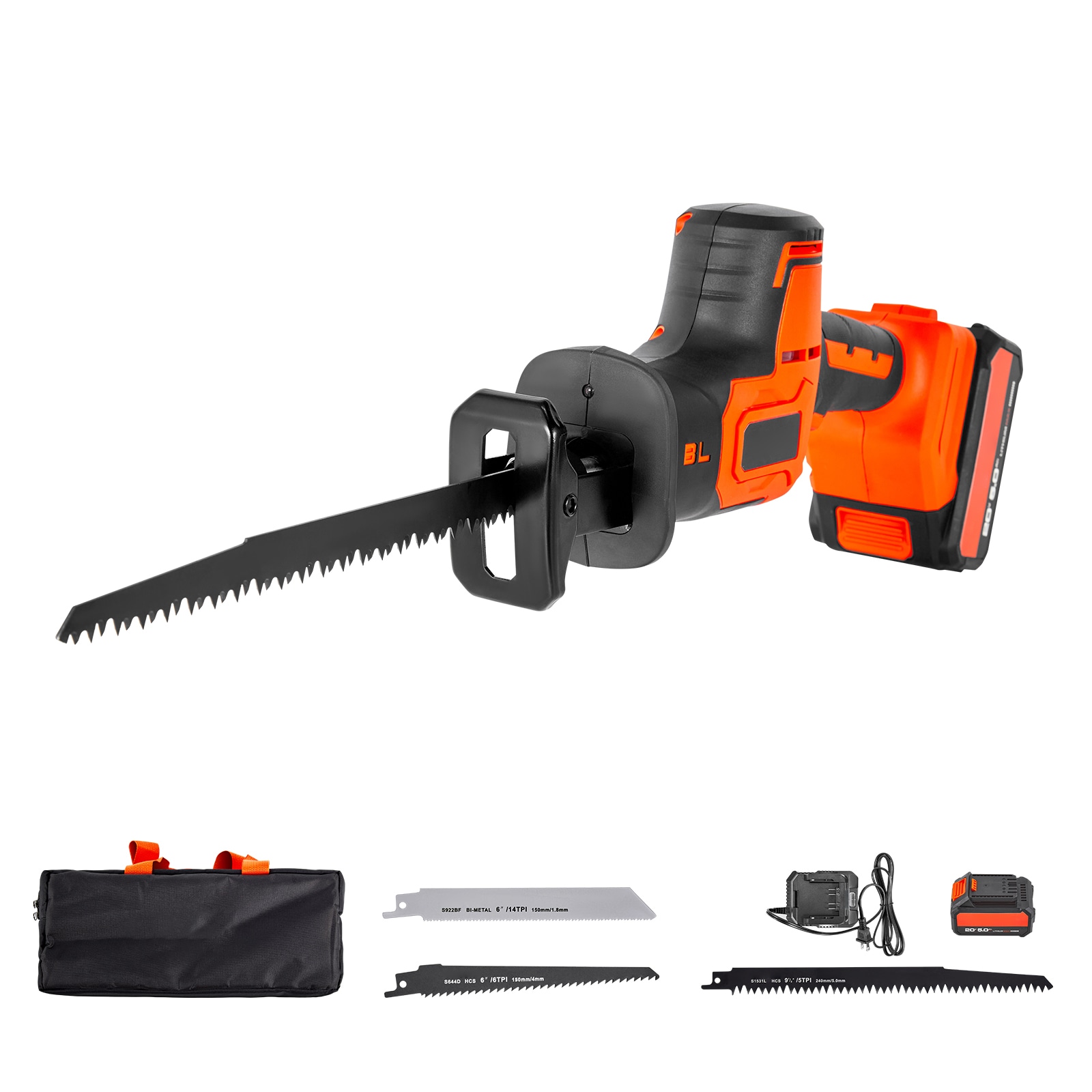 Mecale 20V Cordless Brushless Reciprocating Saw 3000 SPM 1 in Stroke with Battery and 8 Blades Orange