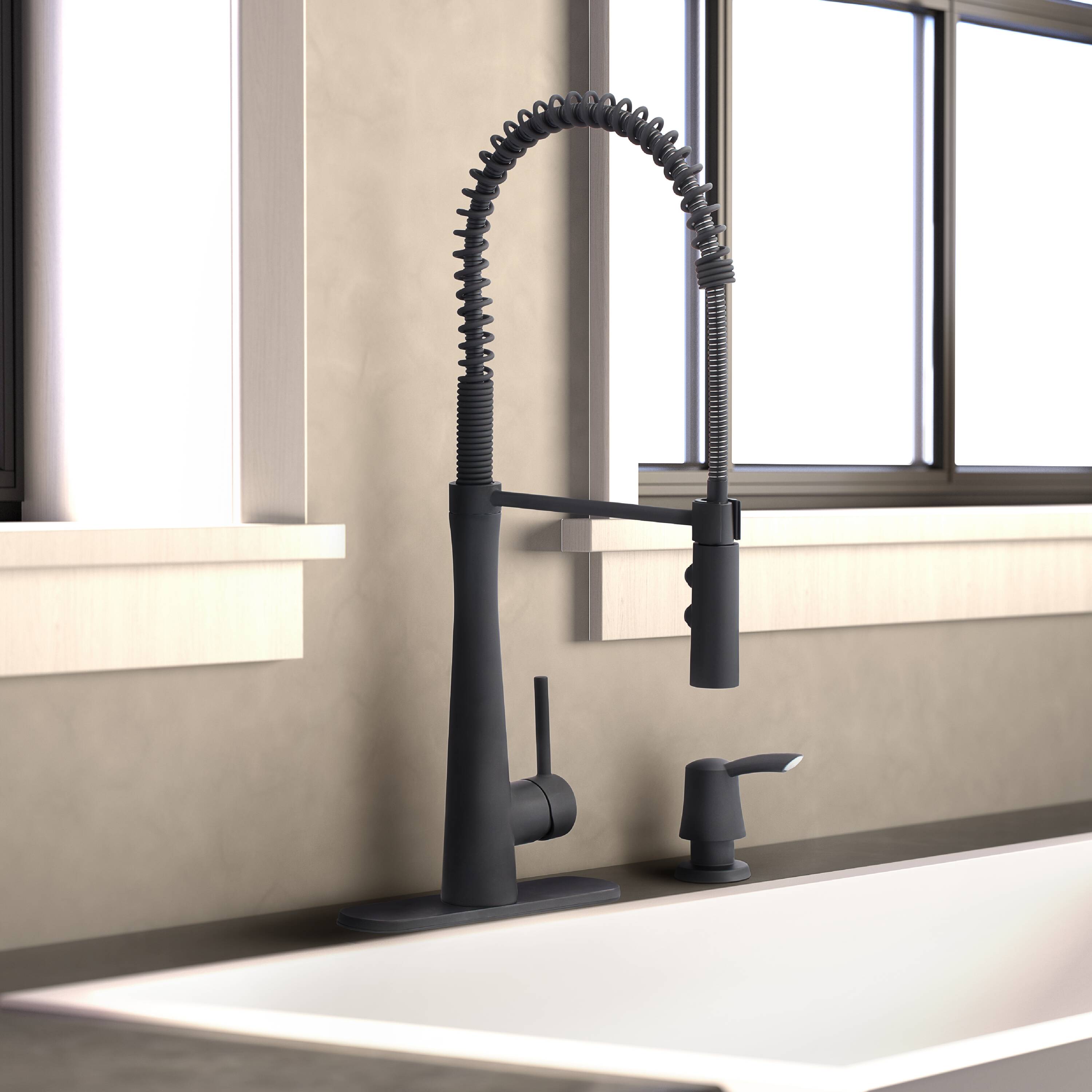 allen + roth 21-K152HCMB-AR Tilton Matte black Single Handle Deck-mount Kitchen Faucet with Sprayer ( Deck Plate Included ) (Soap Dispenser Included)
