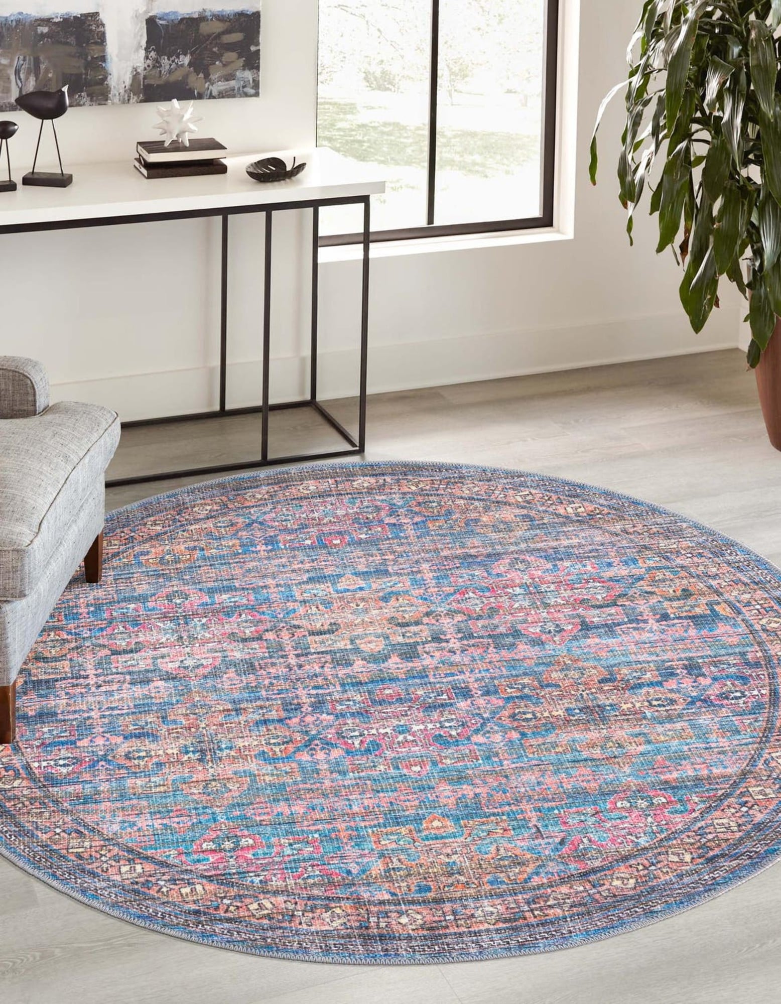 Unique Loom 3177952 Nostalgia Washable 3 x 3 (ft) Loomed Chenille Antique Blue Round Indoor Border Machine washable Area rug