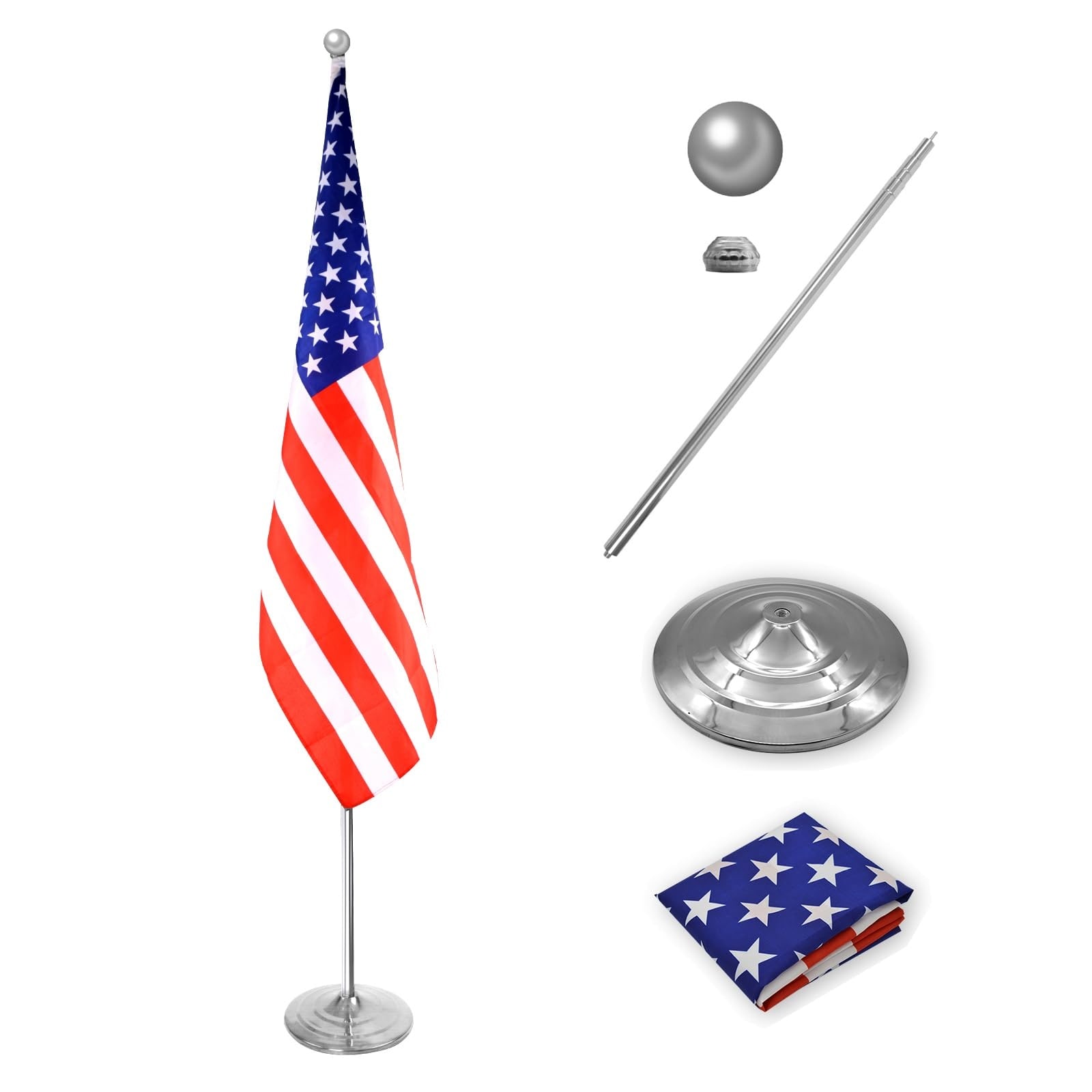 Lukvuzo  Indoor Flagpole Kit Silver 6 to 8 Foot Adjustable Height Stainless Steel Weighted Thickened Base With 3x5 Foot Flag 1 Pack